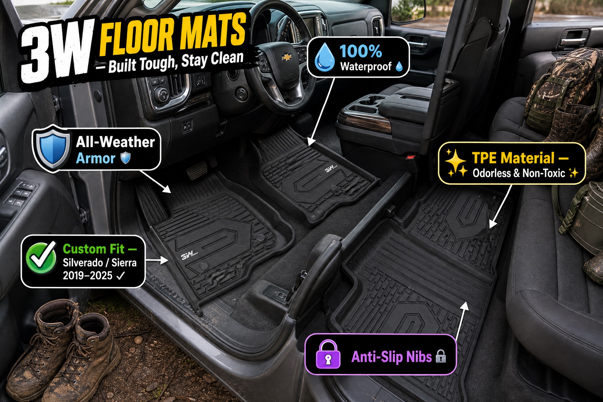 A promotional image showing the 3W all-weather car floor mats installed in a Chevrolet Silverado / GMC Sierra (2019-2025). Large text in the top-left reads "3W FLOOR MATS - Built Tough, Stay Clean." The right side calls out "100% Waterproof" and below it "TPE Material — Odorless & Non-Toxic."