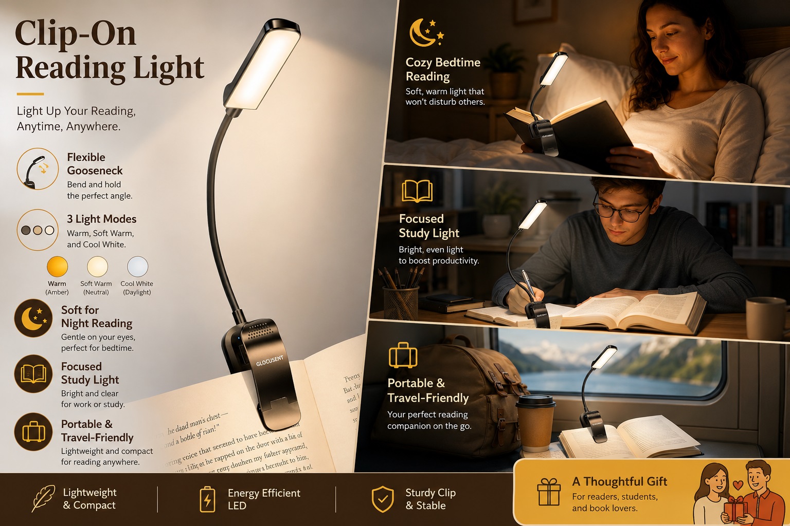 Glocusent Clip-On Reading Light with flexible gooseneck, 3 light color modes, and compact design for studying or bedtime reading.