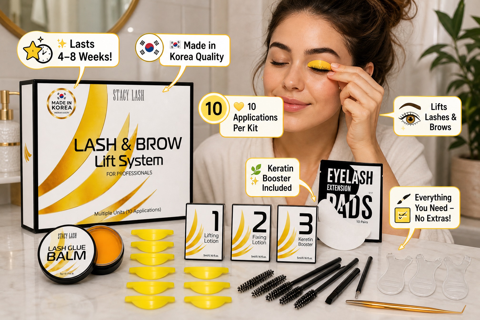 Stacy Lash Lash & Brow Lift System professional kit containing 10-application lotions, keratin booster, lash glue balm, yellow silicone pads, and eye pads, with a woman applying a lash lift pad.