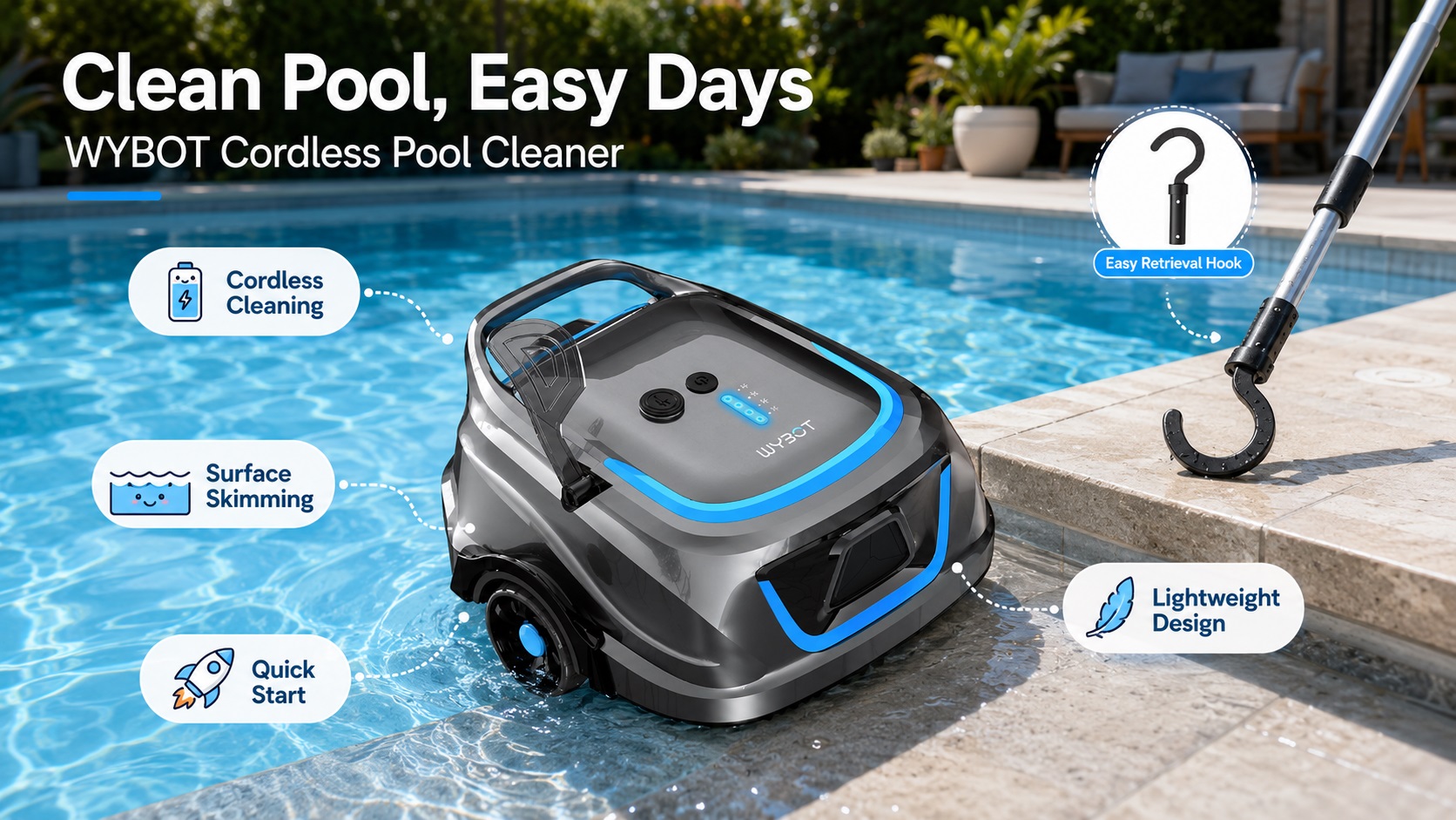 Grey WYBOT Cordless Pool Cleaner placed at the pool edge with retrieval hook nearby, featuring cordless cleaning, surface skimming, quick start, and lightweight design.