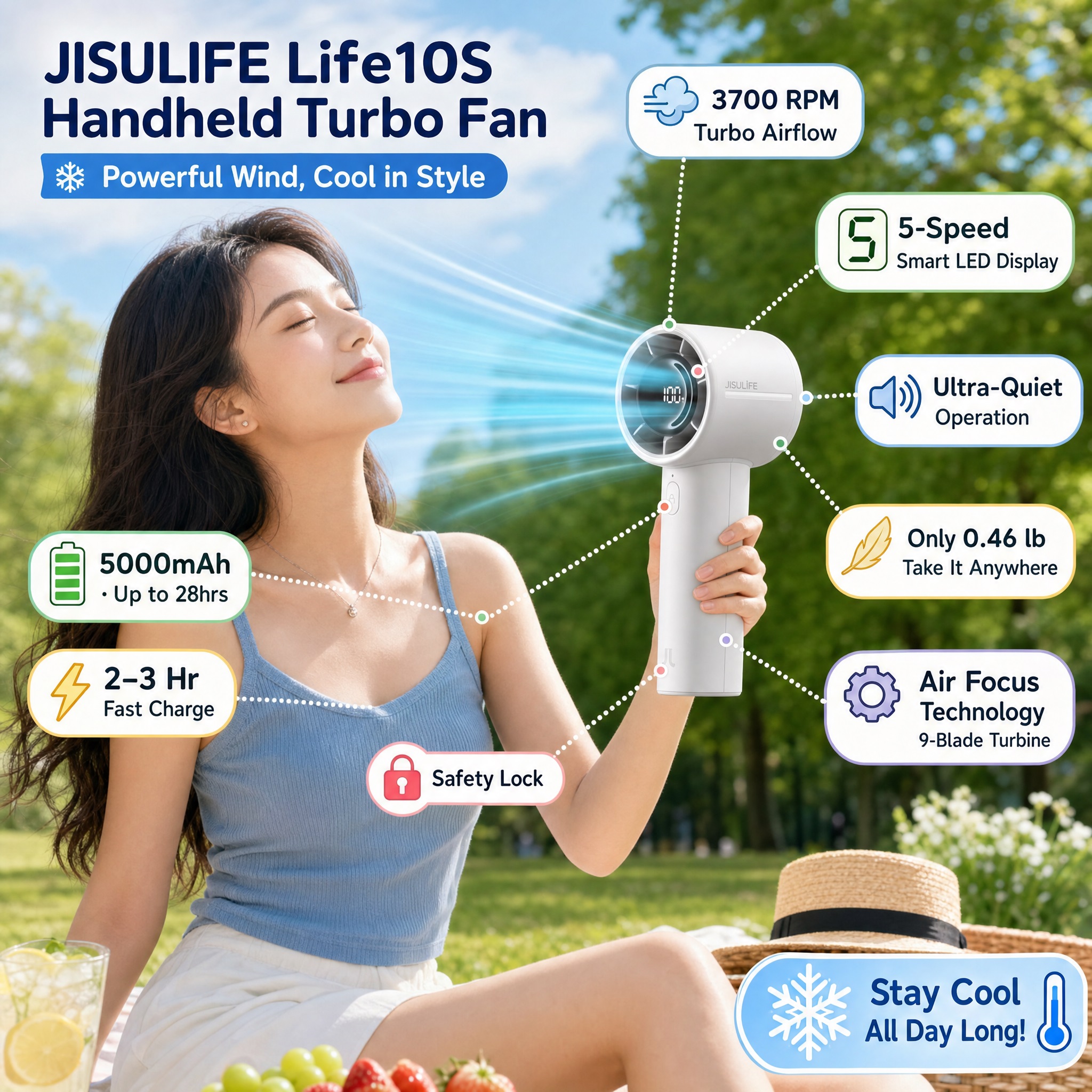 A summer park advertising image of a young woman smiling with her eyes closed, enjoying the blue wind blowing from a white JISULIFE Life10S handheld turbo fan she holds. The fan features a circular LED display.