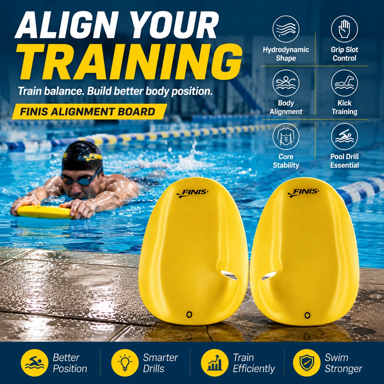 Pair of yellow FINIS Agility Floating Swim Paddles on the pool deck, showing the strapless ergonomic design and thumb hole controls.