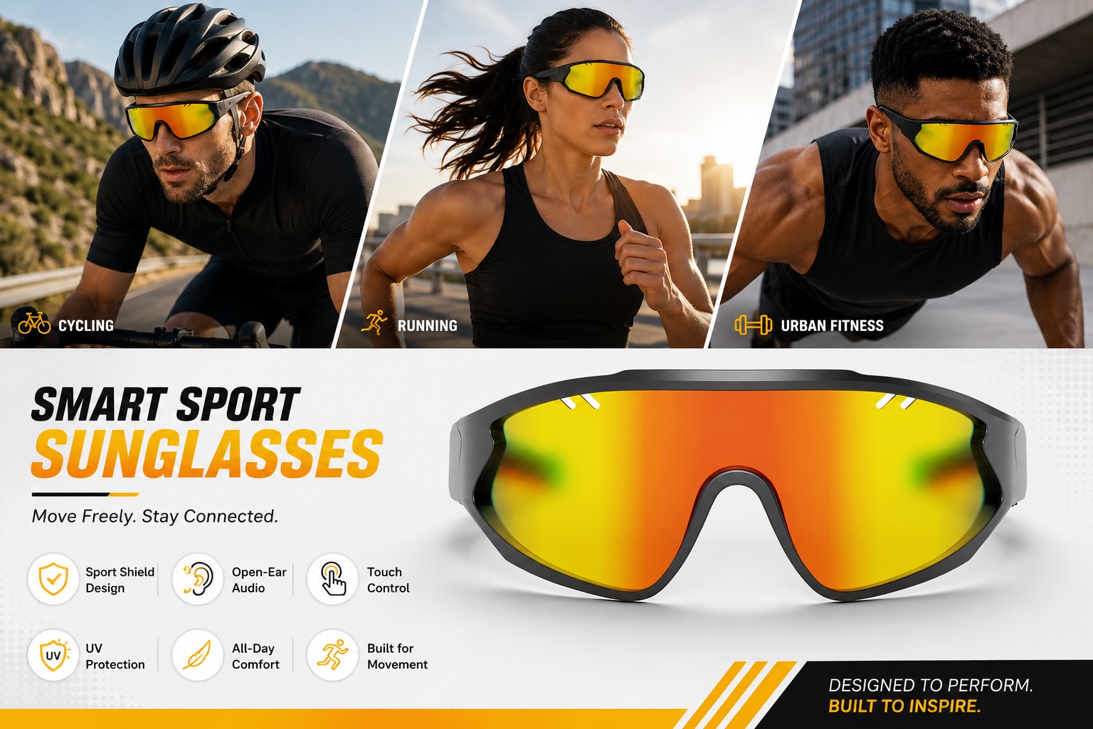 Banner for Smart Sport Sunglasses featuring a large, iridescent shield lens and black frame. Top images feature athletes wearing the glasses during cycling, running, and urban fitness. Bottom section displays icons for Sport Shield Design, Open-Ear Audio, Touch Control, UV Protection, All-Day Comfort, and Built for Movement.