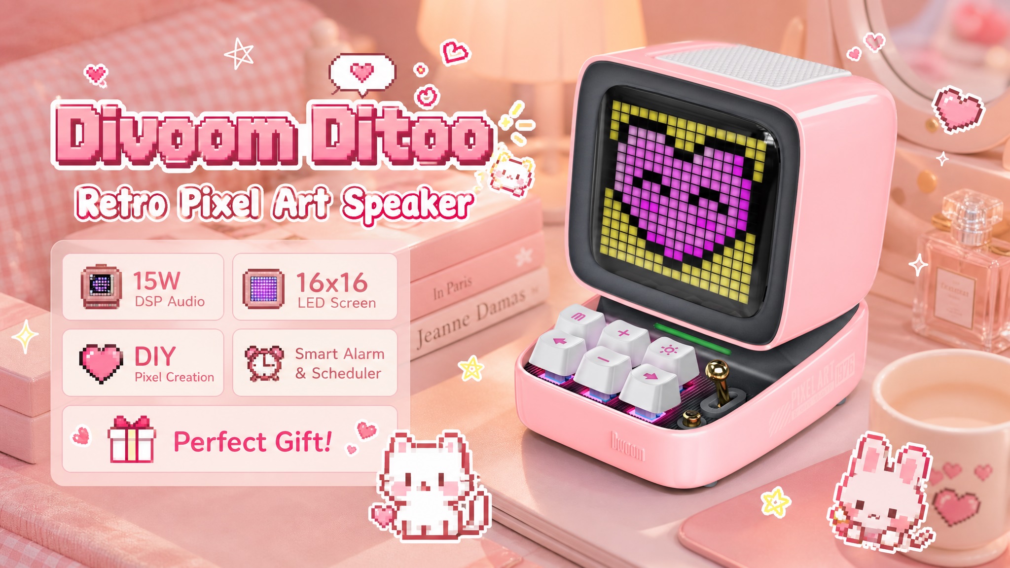 Divoom Ditoo pink retro pixel art speaker with mechanical keyboard keys, a pixel heart display, and product feature callouts on a pastel aesthetic vanity desk.
