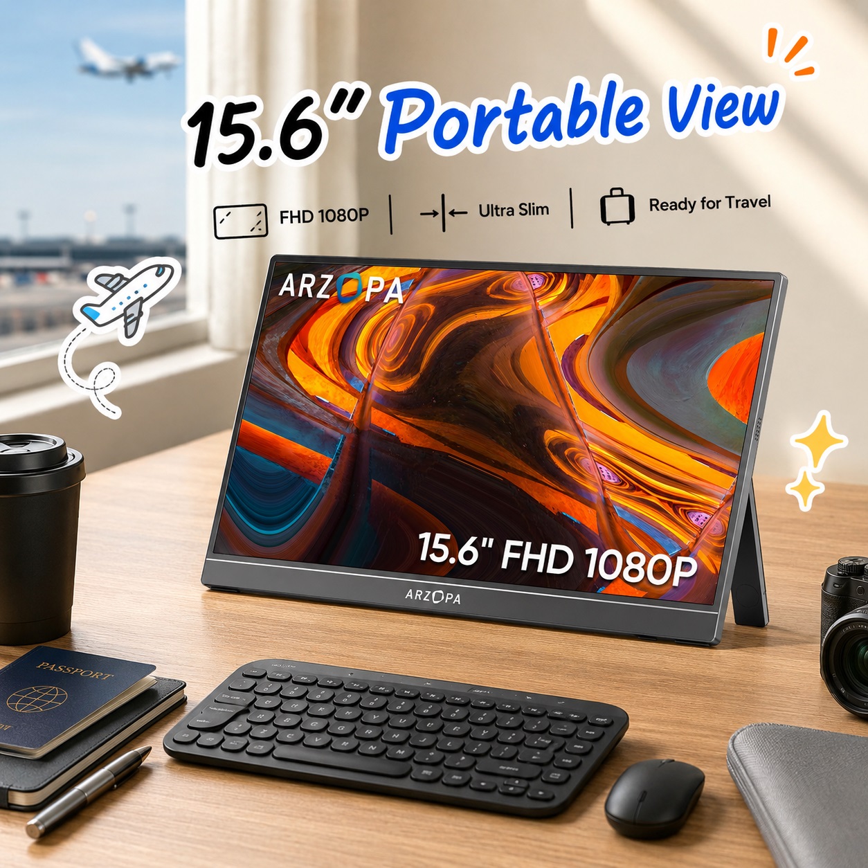 ARZOPA A1 15.6" FHD 1080P portable monitor with a kickstand on a desk with a passport, keyboard, camera, and travel accessories. The screen displays colorful abstract art. Icons above the monitor state 'FHD 1080P', 'Ultra Slim', and 'Ready for Travel'. Flying airplanes and sparkle doodles are added. A window view shows an airport tarmac with a plane.