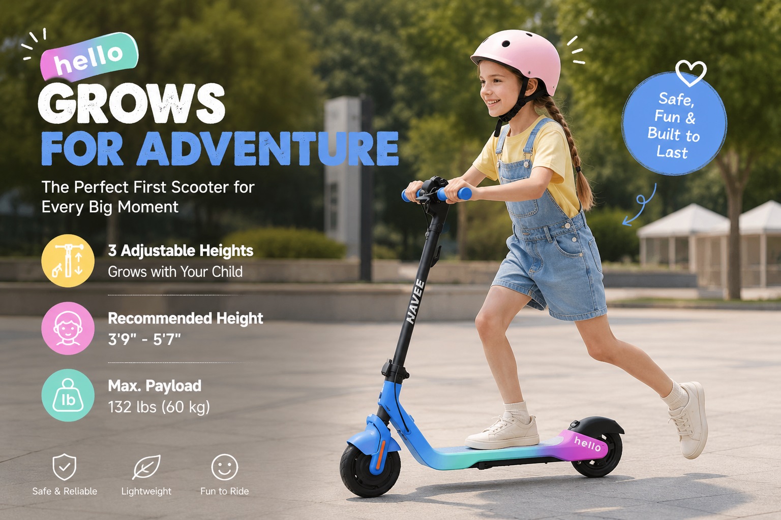 Hello kids electric scooter poster showing a young girl riding a colorful gradient scooter, featuring 3 adjustable heights, recommended height 3'9"-5'7", and 132 lbs max payload.