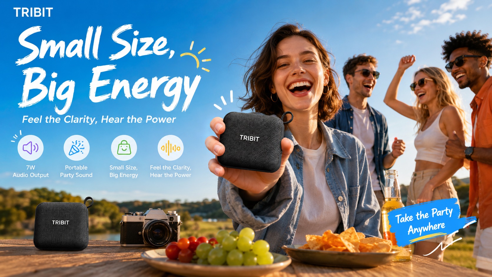 An outdoor party promotional image for the TRIBIT PocketGo portable Bluetooth speaker. A young woman smiles at the camera, showing a small black speaker in her hand. A group of friends is picnicking and dancing in the background. The title at the top is "Small Size, Big Energy." Feature icons on the bottom-left show: 7W audio output, portable party sound, small size big energy, feel the clarity hear the power. A tag on the bottom-right reads "Take the Party Anywhere."