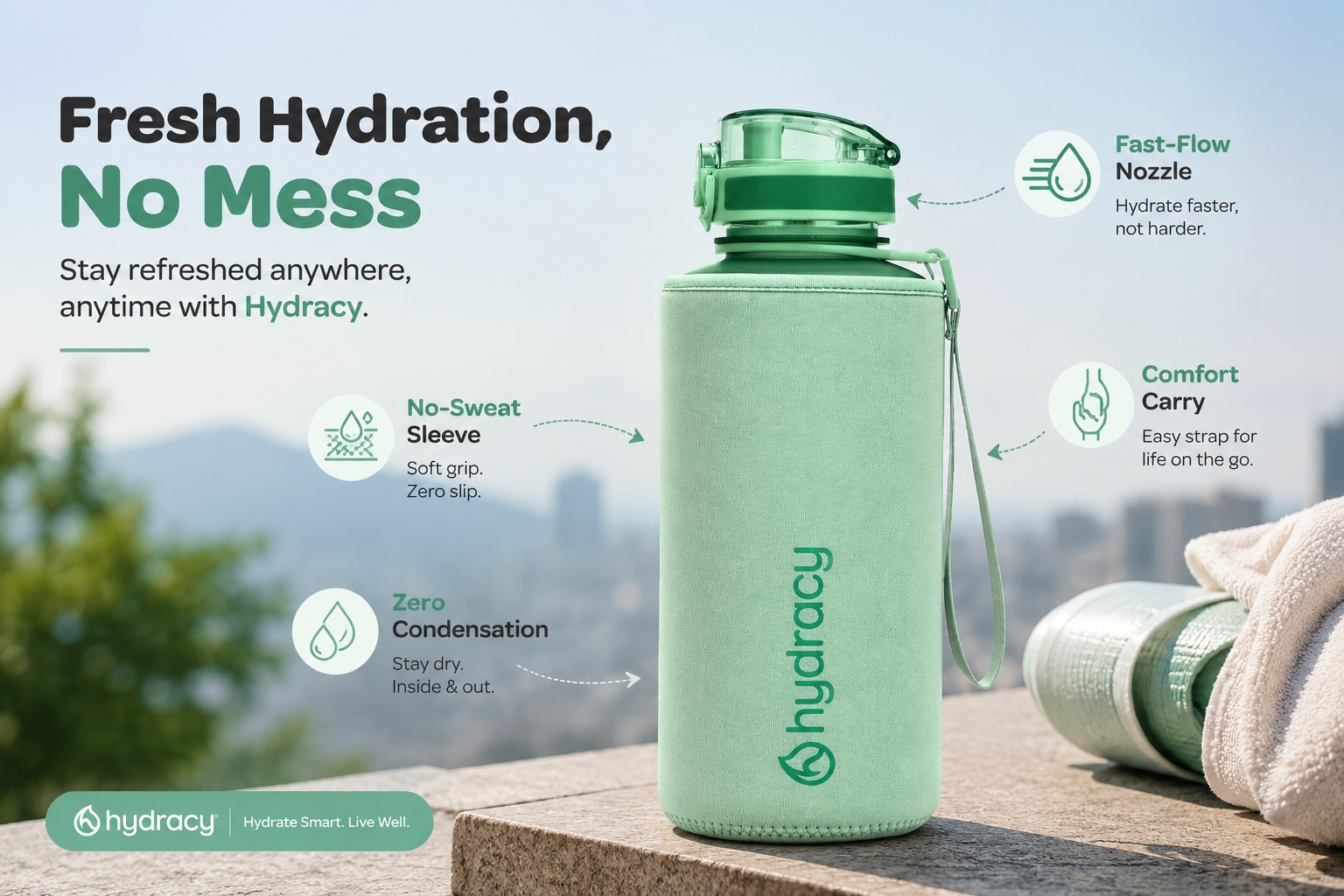 An outdoor promotional image for a Hydracy water bottle with a mint green protective sleeve, with a blurred city skyline in the background. The image features the bottle with four icons and text highlighting product features: Fast-Flow Nozzle (hydrate faster, not harder), No-Sweat Sleeve (soft grip, zero slip), Zero Condensation (stay dry inside & out), and Comfort Carry (easy strap for life on the go). The Hydracy logo is printed on the sleeve. The bottom banner reads "hydracy | Hydrate Smart. Live Well."