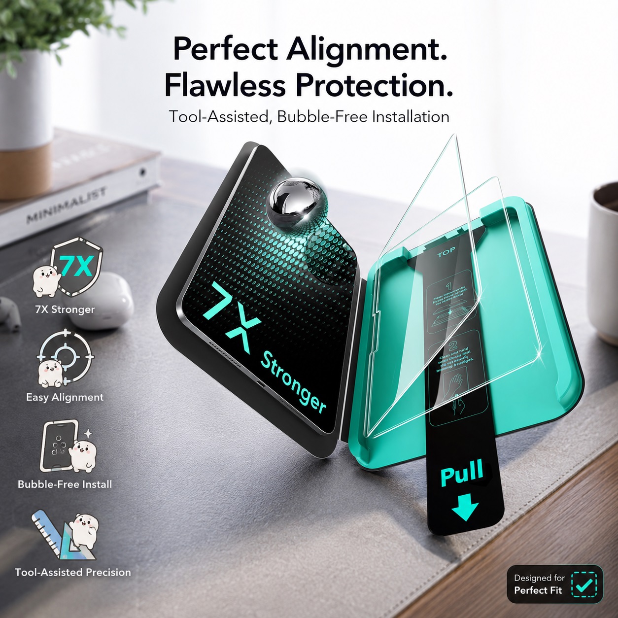 An advertisement image titled "Perfect Alignment. Flawless Protection. Tool-Assisted, Bubble-Free Installation." shows an open, glowing-green precision installation tray on a desk, next to an iPhone with its screen illuminated by a vibrant green "7X Stronger" text.