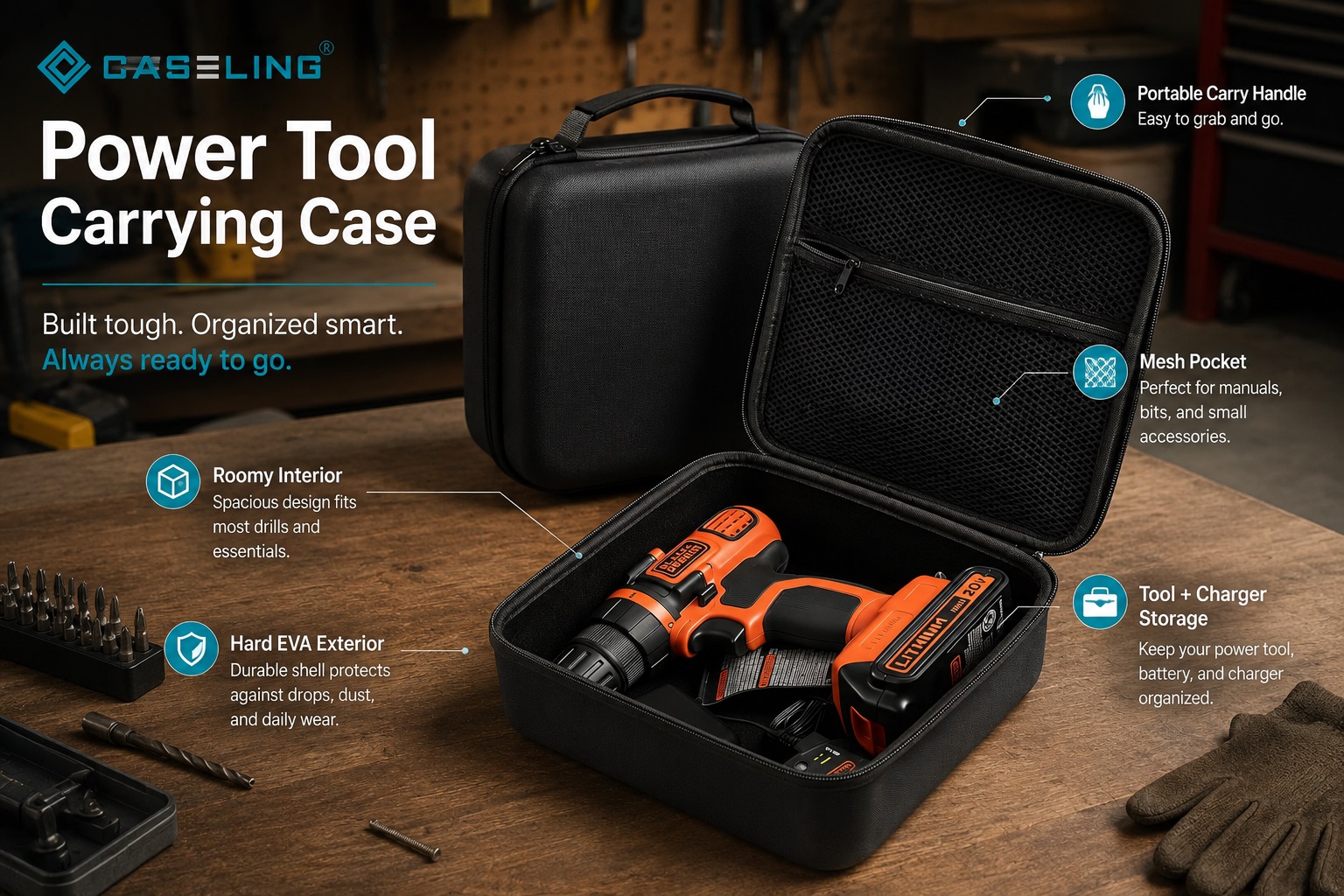 CASELING hard EVA power tool carrying case with dynamic mesh pocket holding an orange battery-powered drill and charger accessories on a workshop bench.