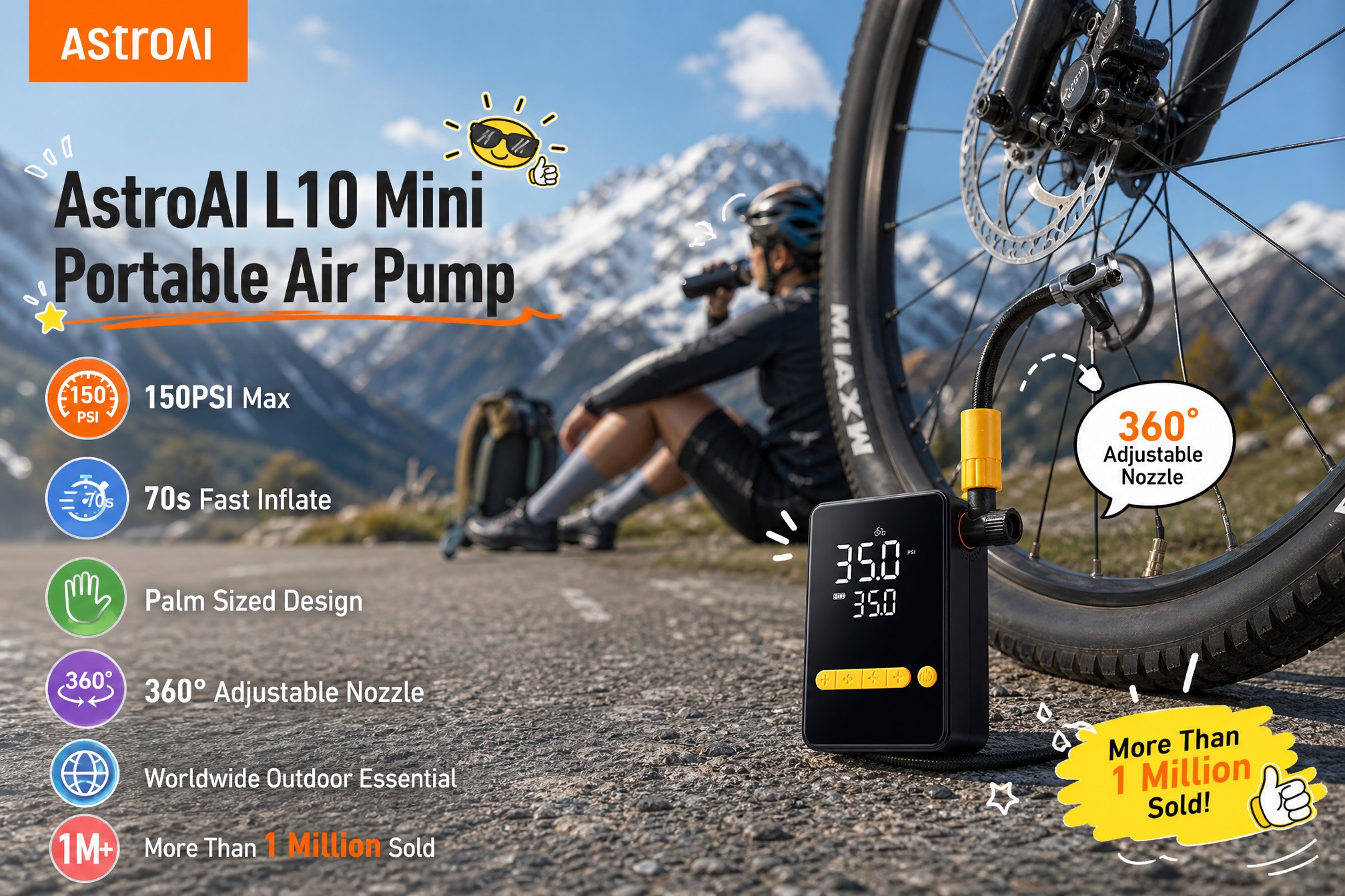 AstroAI L10 Mini Portable Air Pump product infographic. A black inflator is next to a mountain bike's rear wheel with the hose connected. A cyclist is sitting on a road with mountains in the background. Left side features list: 'AstroAI L10 Mini Portable Air Pump', '150PSI Max', '70s Fast Inflate', 'Palm Sized Design', '360° Adjustable Nozzle', 'Worldwide Outdoor Essential', 'More Than 1 Million Sold'. Speech bubbles highlight '360° Adjustable Nozzle' and 'More Than 1 Million Sold!'.