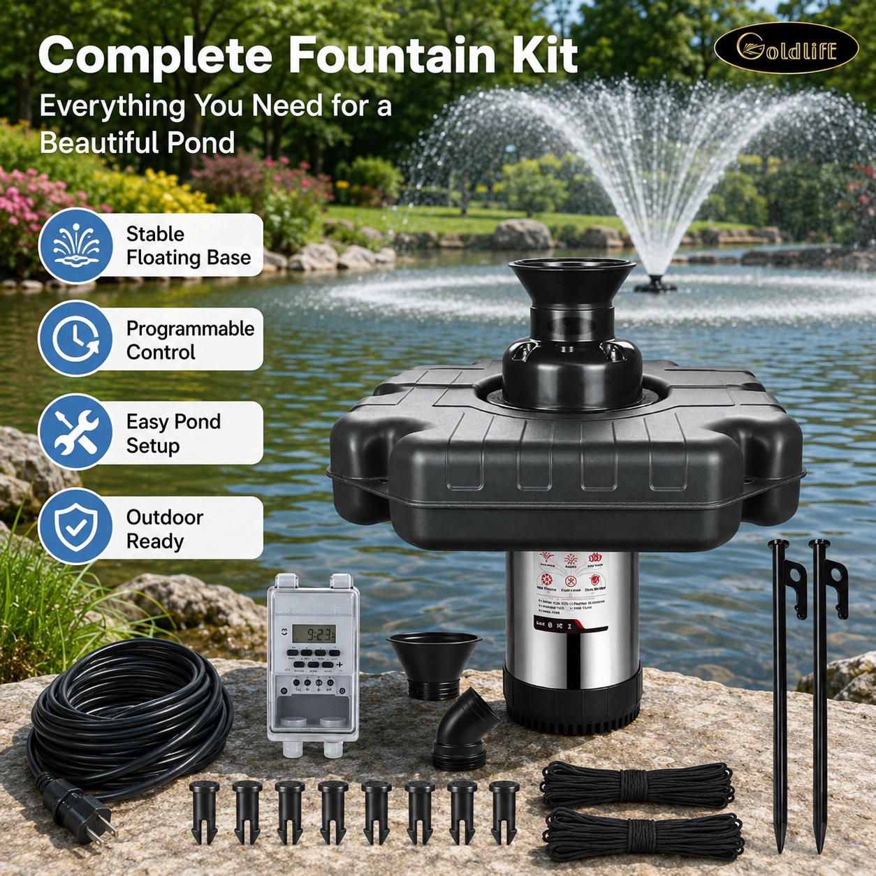 Goldlife complete pond fountain kit arranged on a stone ledge, including a black octagonal floating fountain pump, stainless steel motor, digital timer switch, nozzle attachments, ropes, and ground anchors, with a fountain in the background.