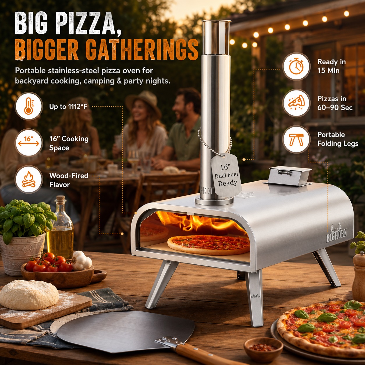Big Horn Outdoors 16-inch dual-fuel ready stainless-steel wood-fired outdoor pizza oven with folding legs on a backyard table, with a family gathering blurred in the background.