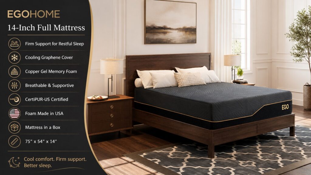 Modern black and gold styled bedroom presenting EGOHOME 14-Inch Full mattress, featuring firm support, cooling graphene cover, copper gel memory foam, foam made in USA, and mattress-in-a-box concept.