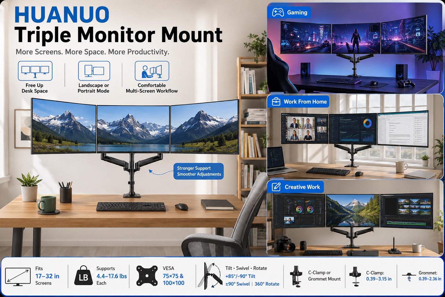 The main image of HUANUO Triple Monitor Mount promotion, presenting a panoramic setup with three curved monitors on a single arm. The image emphasizes multi-screen productivity and includes smaller panels showcasing its application in gaming, work from home, and creative work. Product features like fit size, adjustability, and mounting options are listed.