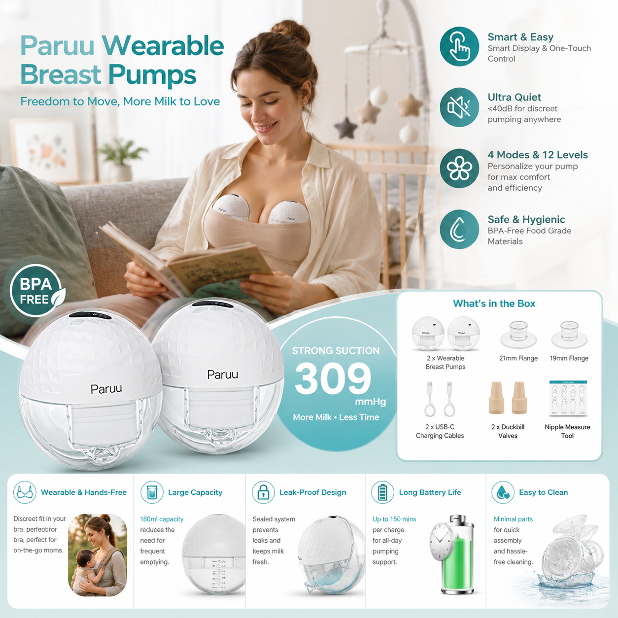 An infographic overview of Paruu wearable breast pumps showing a mother and key features, highlighting its <40dB quietness, strong suction, leak-proof design, long battery life, and including what's in the box: 2 wearable pumps, 21mm and 19mm flanges, USB-C cables, duckbill valves, and a nipple measure tool.