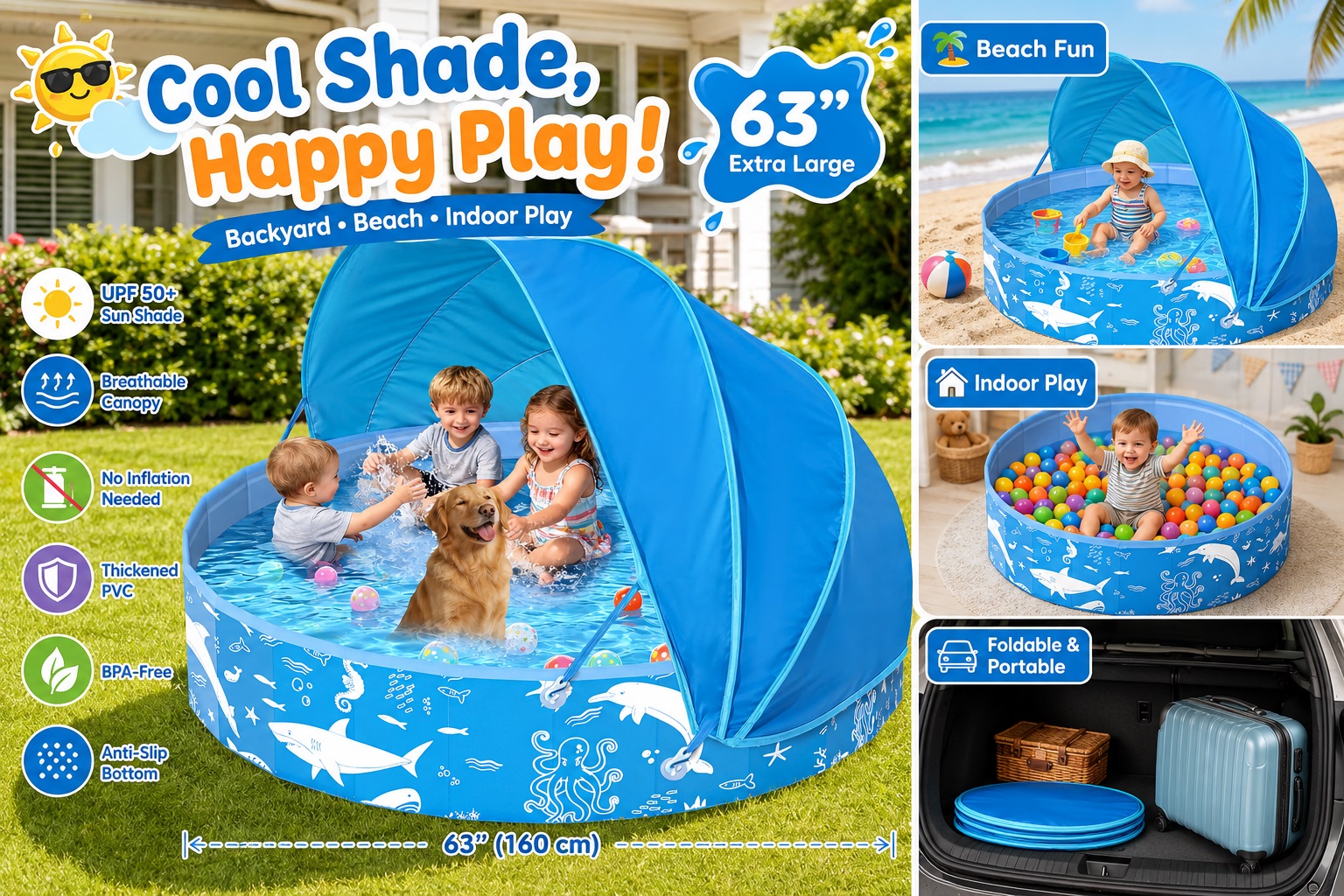 A 63-inch extra-large cartoon sea-animal printed splash pool with a blue sunshade canopy on grass. Three children and a dog are splashing inside. Features indicate a breathable canopy, thickened PVC, BPA-free materials, and compact storage in a car trunk.