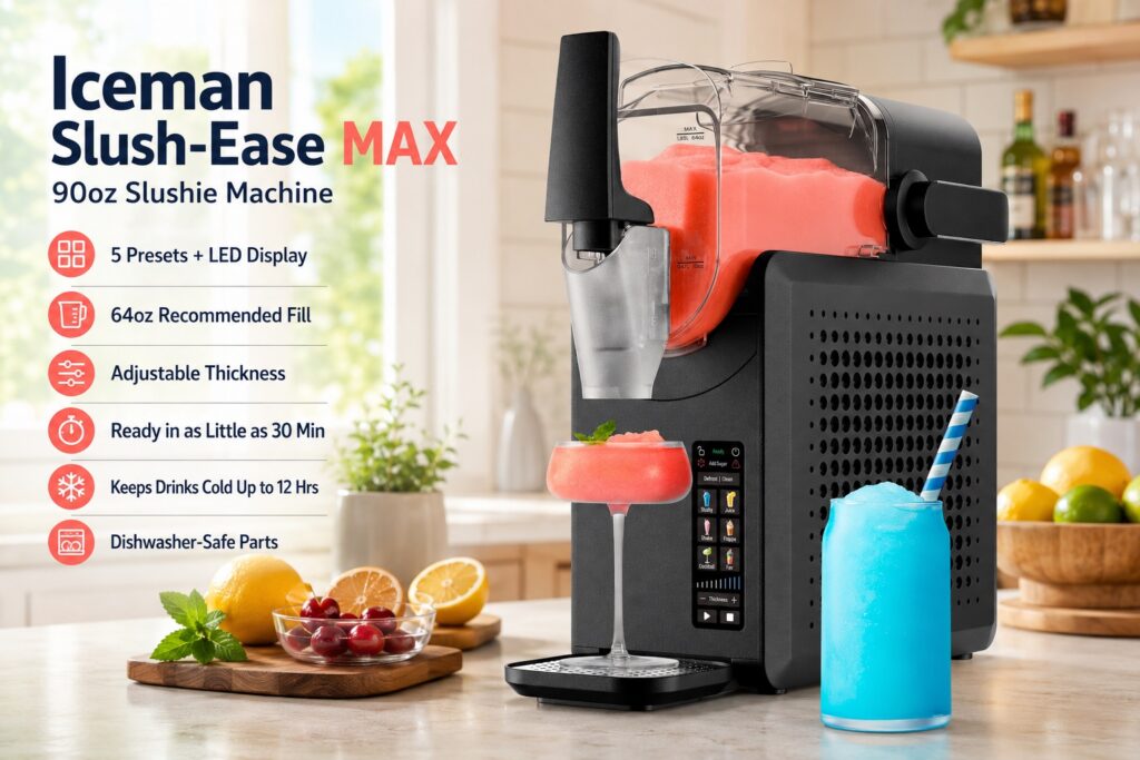 An Iceman Slush-Ease MAX 90oz Slushie Machine dispensing a bright pink frozen drink into a cocktail glass, next to a tall glass filled with a blue slushie. The machine features an LED display showing presets, an adjustable thickness dial, and highlights a 64oz recommended fill and dishwasher-safe parts.