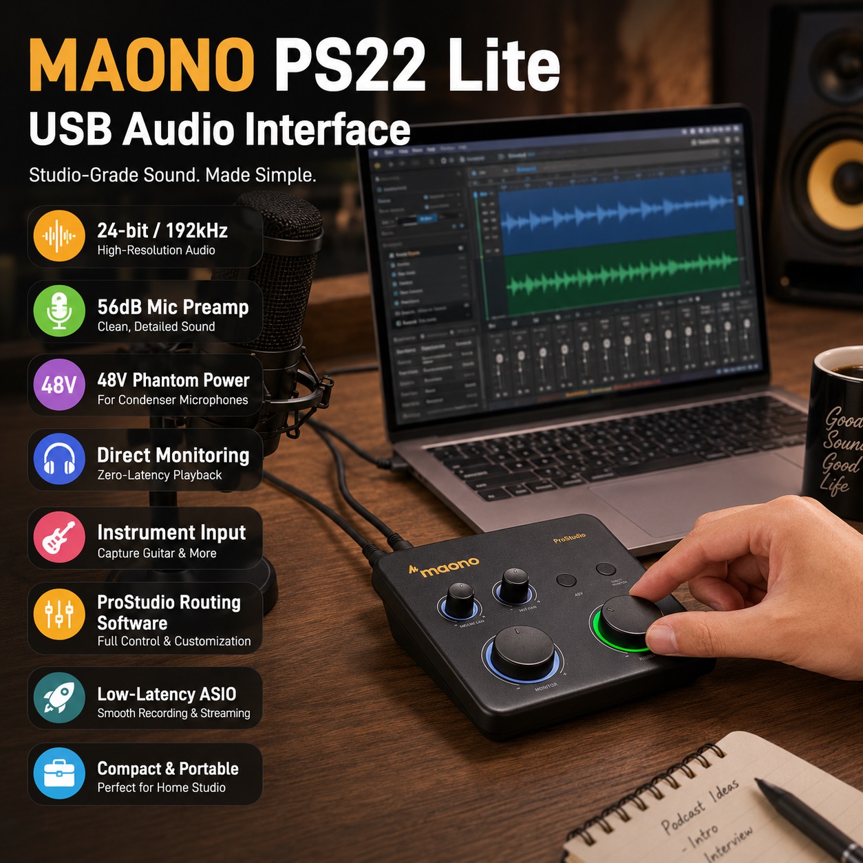 A product feature image for the MAONO PS22 Lite USB Audio Interface, with callouts showing its technical specifications: 24-bit/192kHz high-resolution audio, 56dB mic preamp, 48V phantom power, direct monitoring, and a compact design.