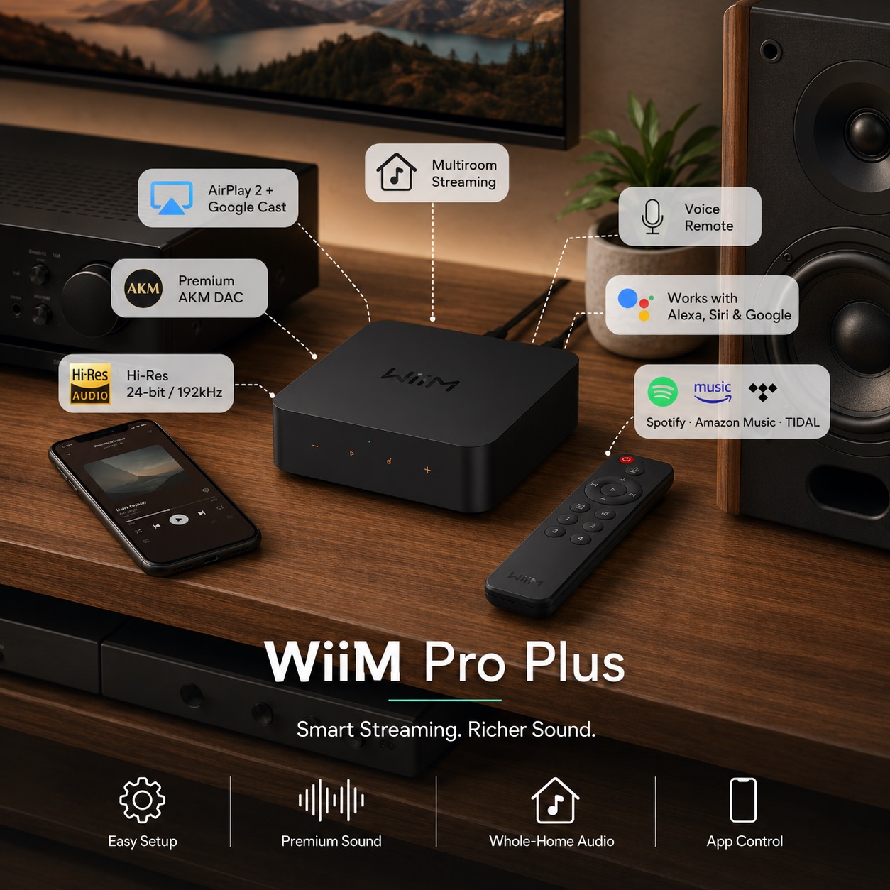WiiM Pro Plus high-end audiostreamer features: AirPlay 2 + Google Cast, premium AKM DAC, voice remote, Hi-Res 24-bit/192kHz, works with Alexa/Siri/Google, and support for Spotify, Amazon Music, and TIDAL.