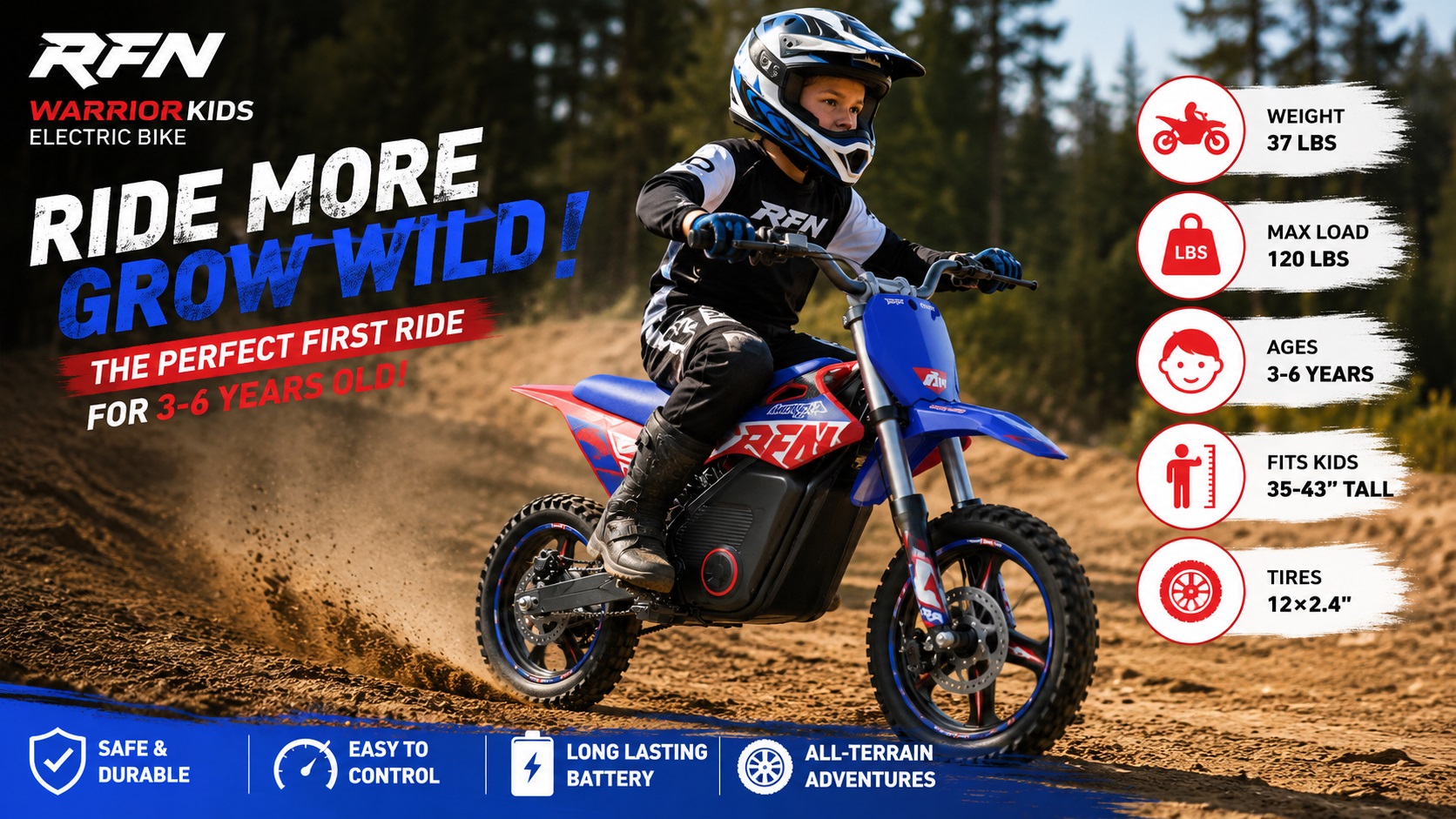 A child in professional racing gear turns sharply on an RFN Warrior youth electric dirt bike, kicking up sand, featuring text "Ride More, Grow Wild!" and safety icons for all-terrain adventures.
