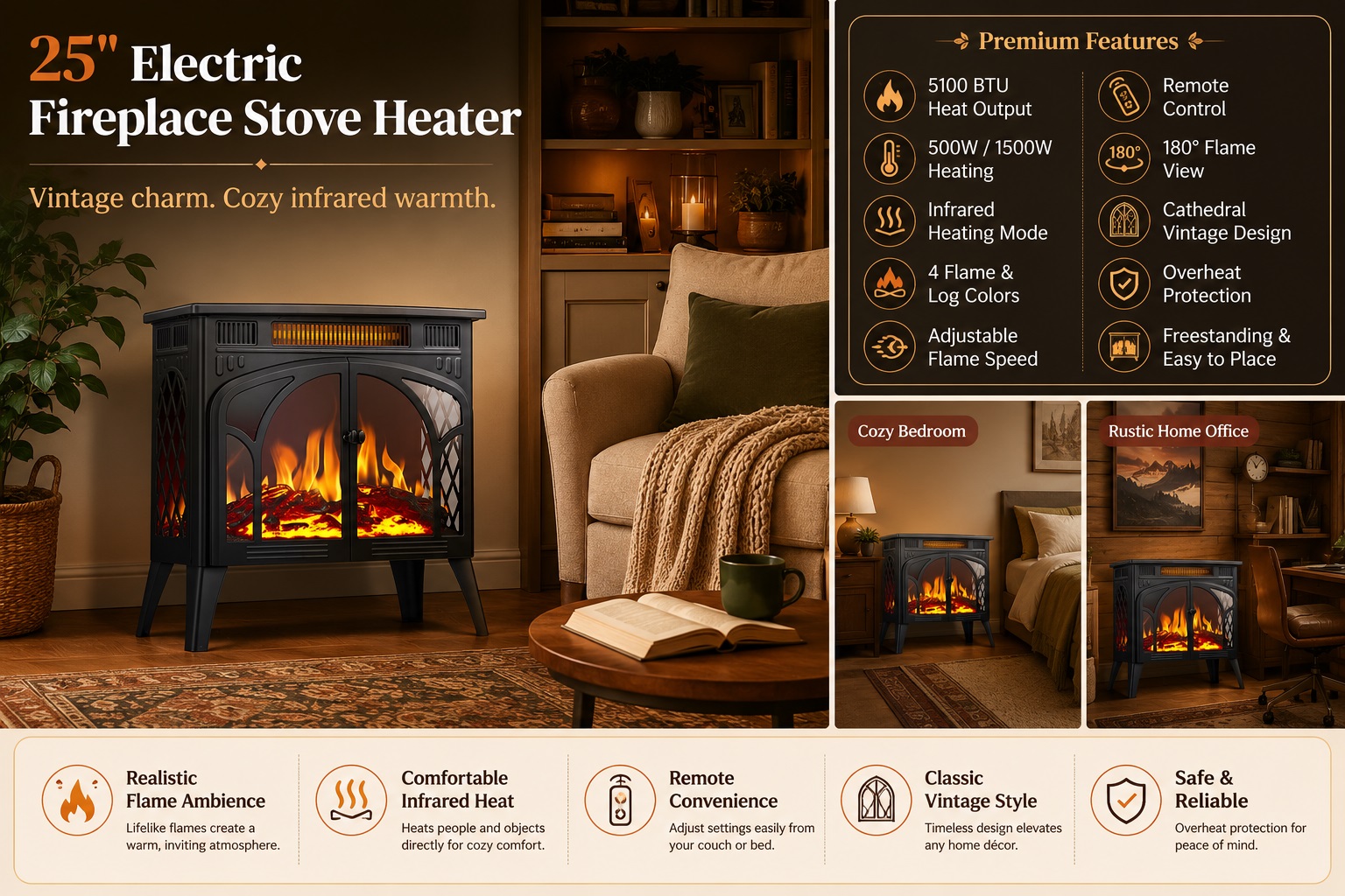 R.W.FLAME 25" Electric Fireplace Stove Heater with vintage cathedral window design and a 180-degree flame view. Features detailed specifications: 5100 BTU, 1500W heating, 4 flame colors, adjustable flame speed, and infrared heating mode. Shows cozy bedroom and rustic home office settings.