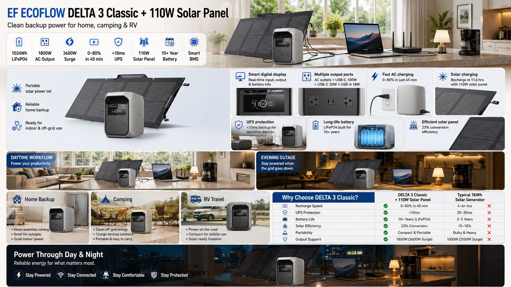 Promotional infographic for the EcoFlow DELTA 3 Classic Portable Power Station + 110W Solar Panel Bundle. Key spec icons for 1024Wh LFP battery, 1800W output, 3600W surge, <1 hr charge, <10ms UPS, 110W solar panel, 10-year lifespan, and smart BMS are shown at the top. Below are feature close-up insets for the smart digital display, multiple output ports, fast recharge outlet, solar charging efficiency detail, UPS, LiFePO4 battery detail, and efficient solar panel detail. The bottom features application scenario icons and a comparison chart (DELTA 3 Classic vs. Typical 1kWh Solar Generator).