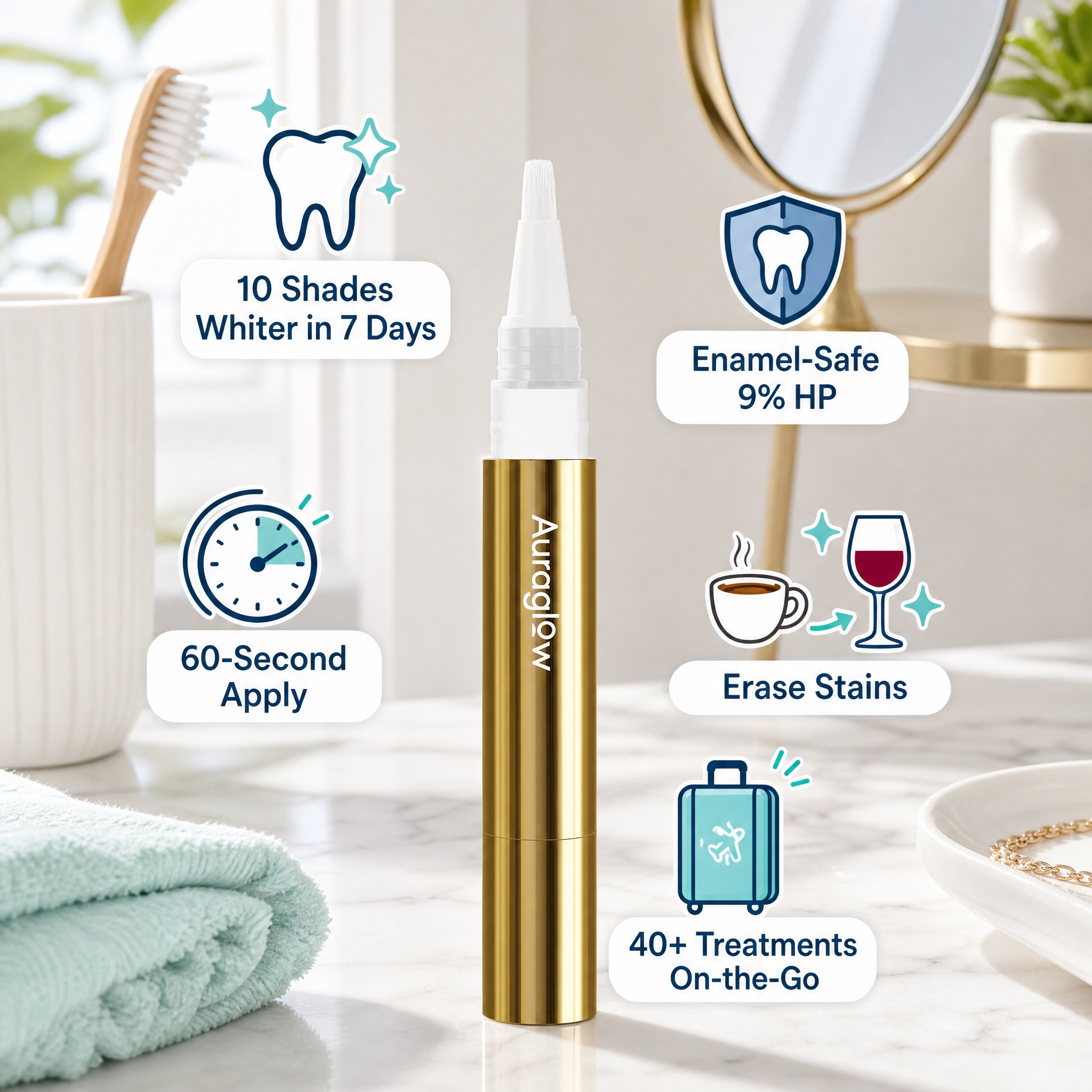 Auraglow Teeth Whitening Pen with a sleek gold casing and fine brush applicator tip, highlighting its 9% Hydrogen Peroxide formula, 60-second application, and on-the-go stain removal features.