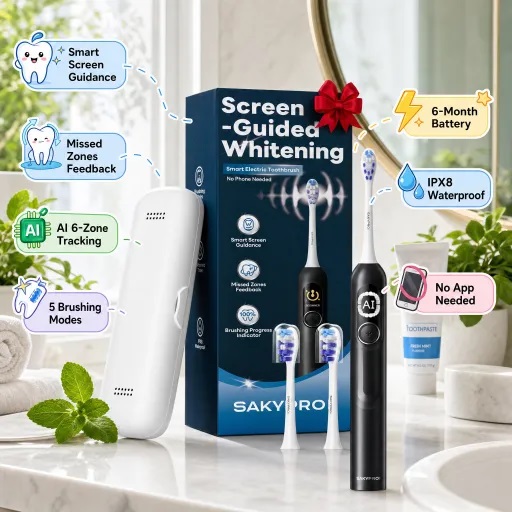 SAKYPRO Black AI Electric Toothbrush with screen-guided whitening, displayed next to its blue gift box with a red bow, a white travel case, and replacement heads, highlighting AI 6-Zone Tracking, a 6-Month Battery, and No App Needed.