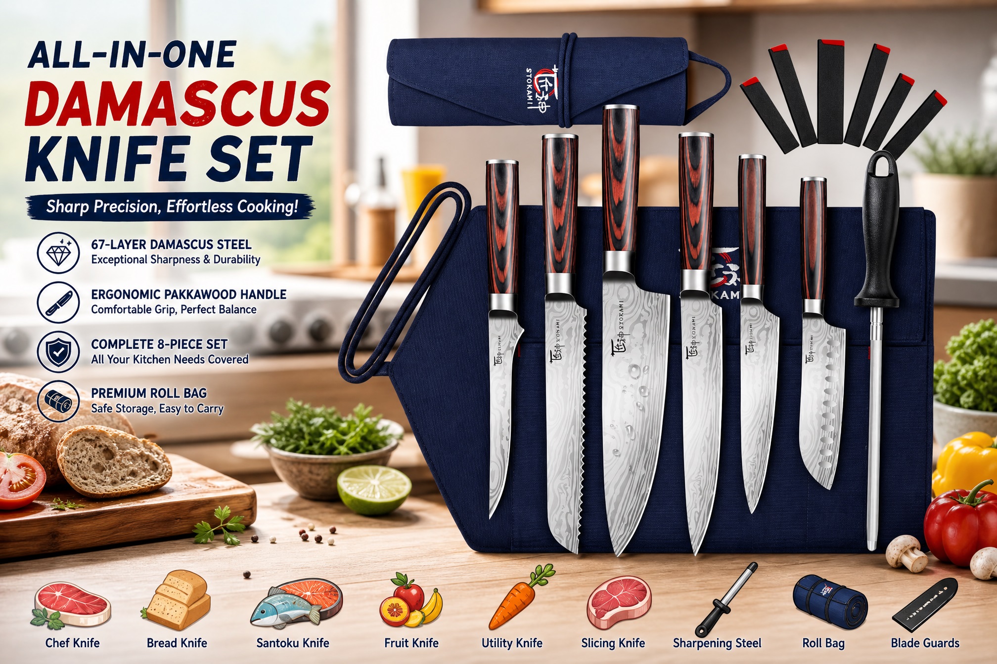 SYOKAMI 8-piece all-in-one Damascus knife set featuring red and black Pakkawood handles, a blue canvas roll bag, and a sharpening steel rod.