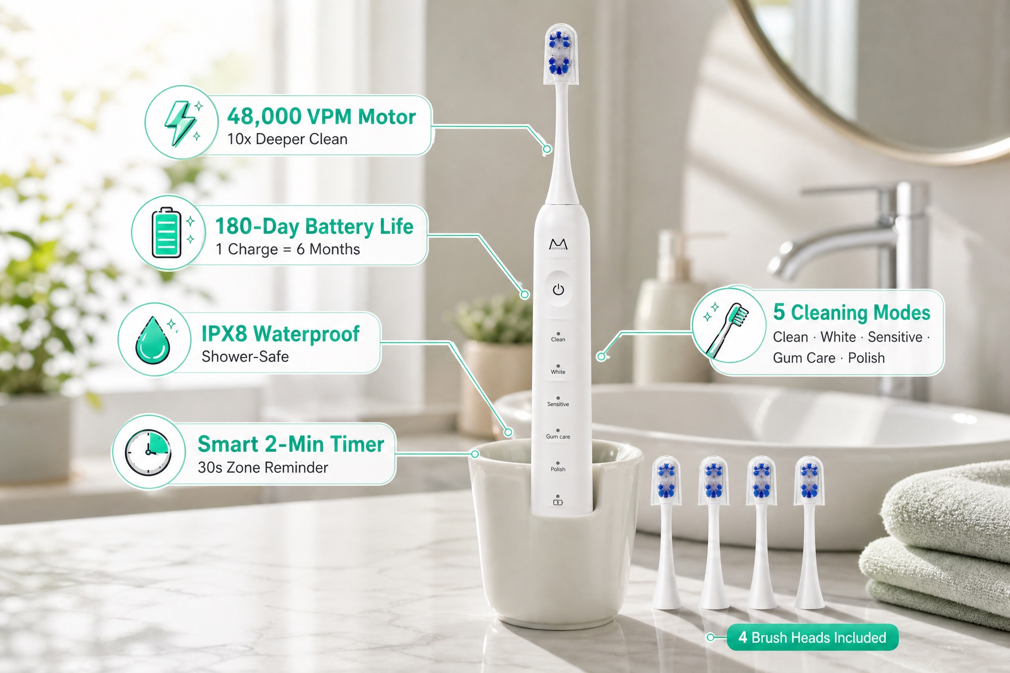 A clean and clear feature diagram of a white electric toothbrush on a bathroom vanity. It labels 6 main functions with icons: a powerful 48,000 VPM motor (10x deeper clean), 180-day battery life, IPX8 waterproof rating, 5 cleaning modes, a 2-minute smart timer, and 4 brush heads included. The toothbrush is shown with its 4 matching brush heads.