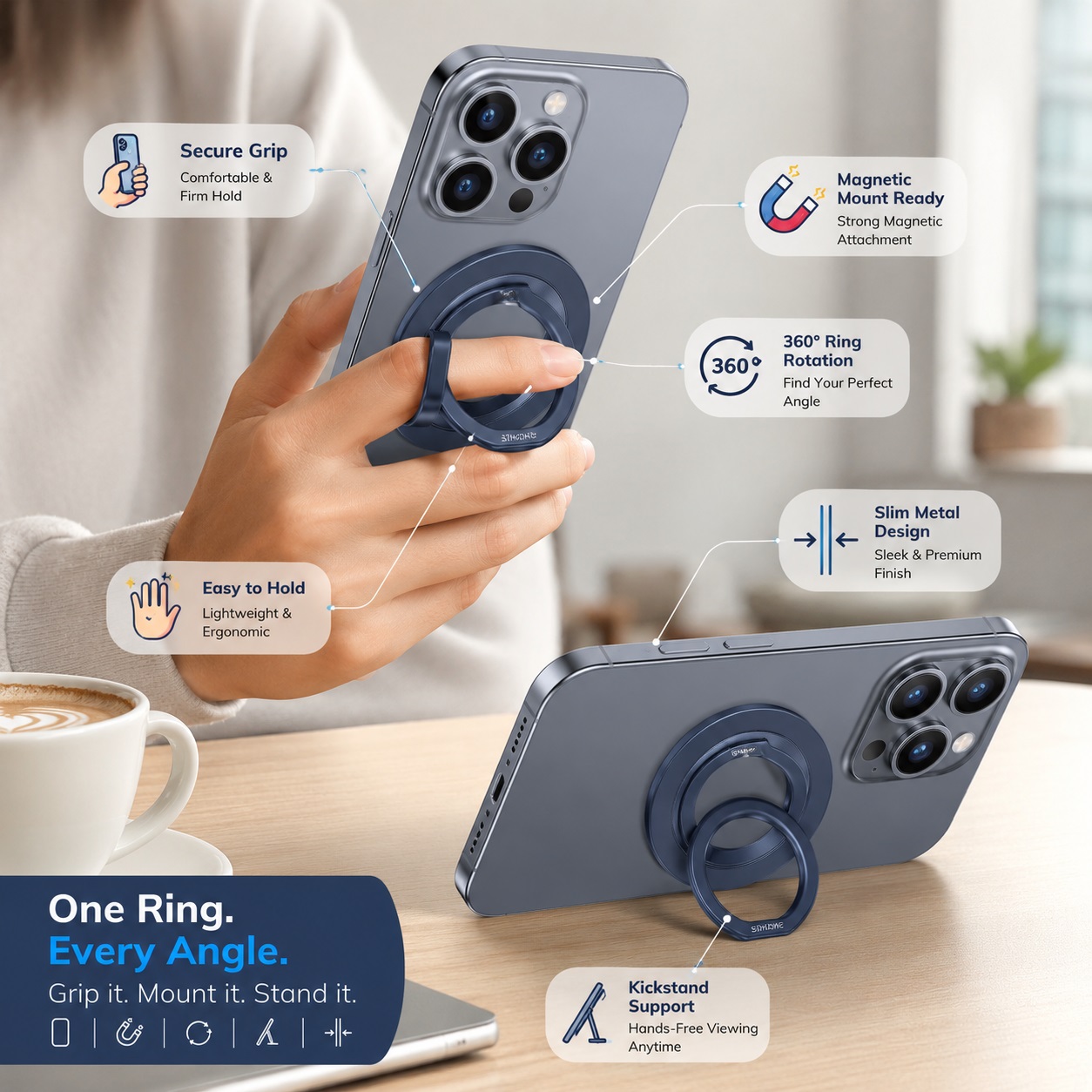 A person holding an iPhone with a blue Syncwire MagSafe ring holder on their finger, with another iPhone propped up horizontally as a kickstand. Highlights include secure grip, 360-degree ring rotation, slim metal design, and magnetic mount ready.