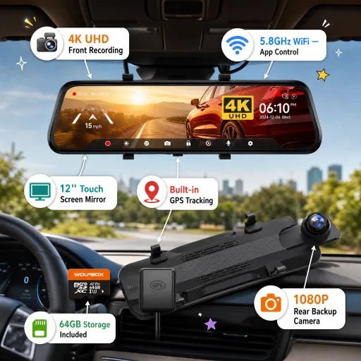 Product information image for the WOLFBOX 12" Smart Mirror Dash Cam Backup Camera, shown installed inside a car.