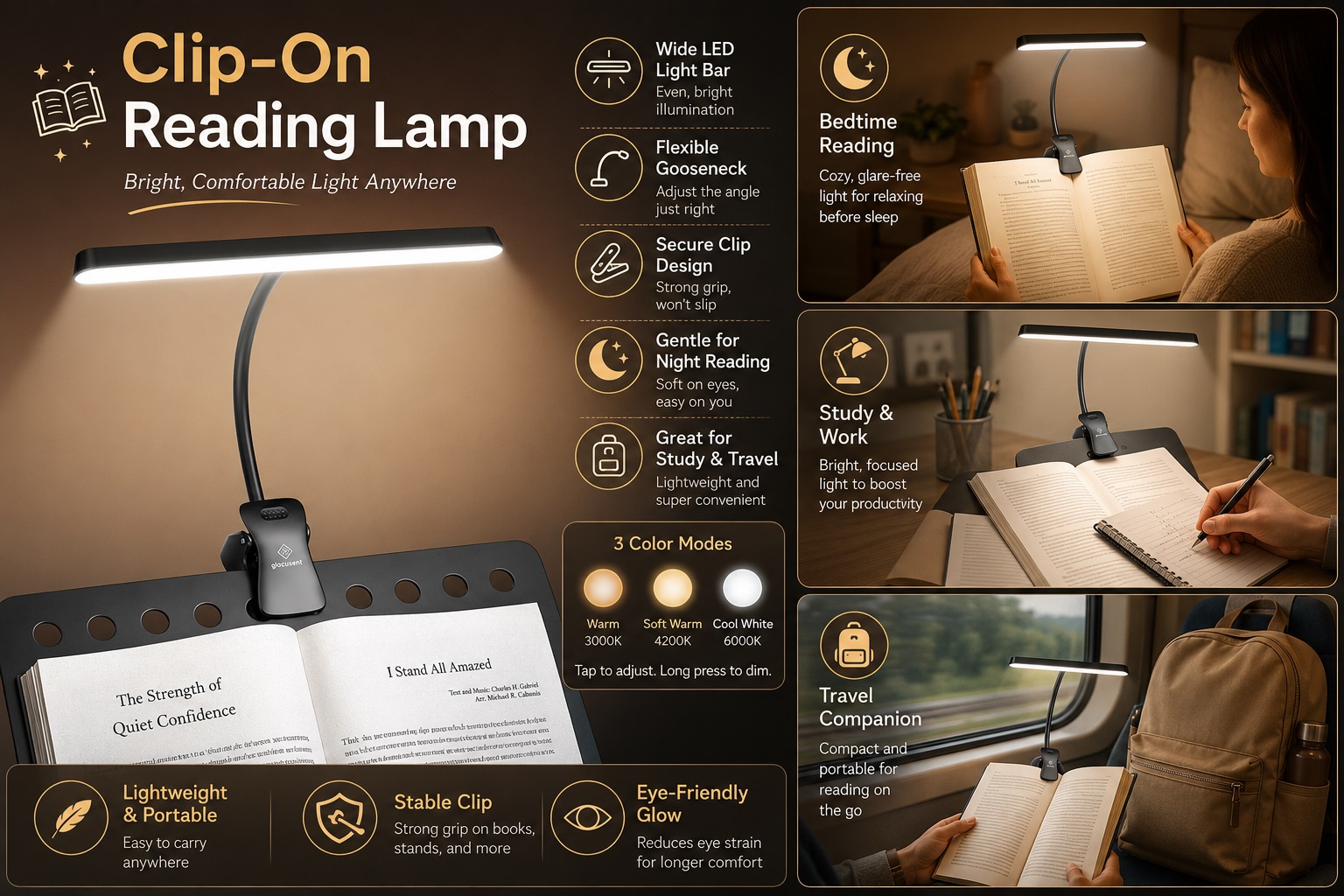 Glocusent Wide Bar Clip-On Reading Lamp with eye-friendly light bar, adjustable color temperature, and strong clip for music stands or books.