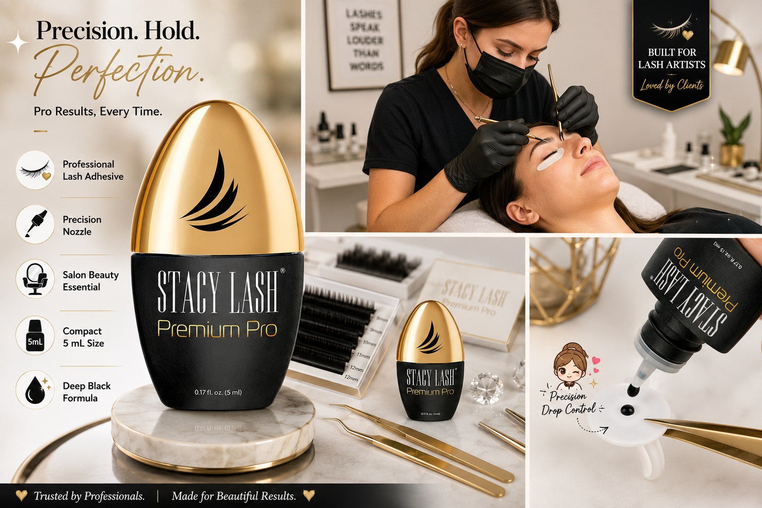 Stacy Lash Premium Pro black and gold professional lash adhesive bottle, showing liquid drop precision control, gold tweezers, and a lash technician working in a salon setting.
