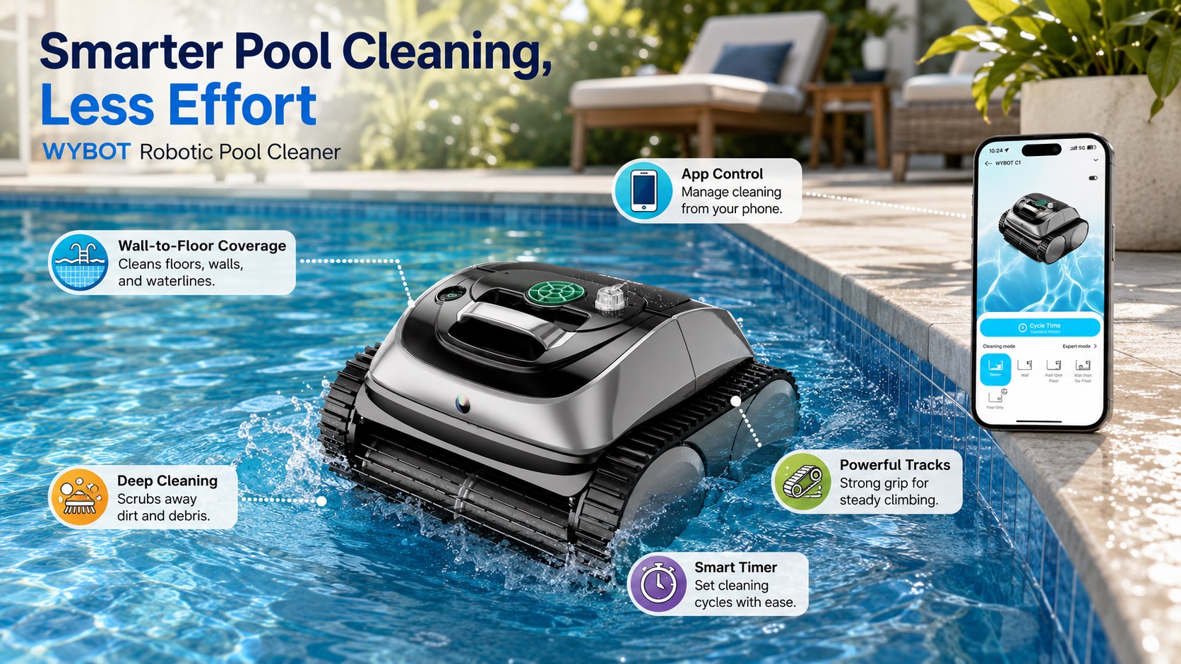 WYBOT Robotic Pool Cleaner splashing into the pool water, featuring wall-to-floor coverage, deep cleaning, powerful tracks, smart timer, and mobile app control.