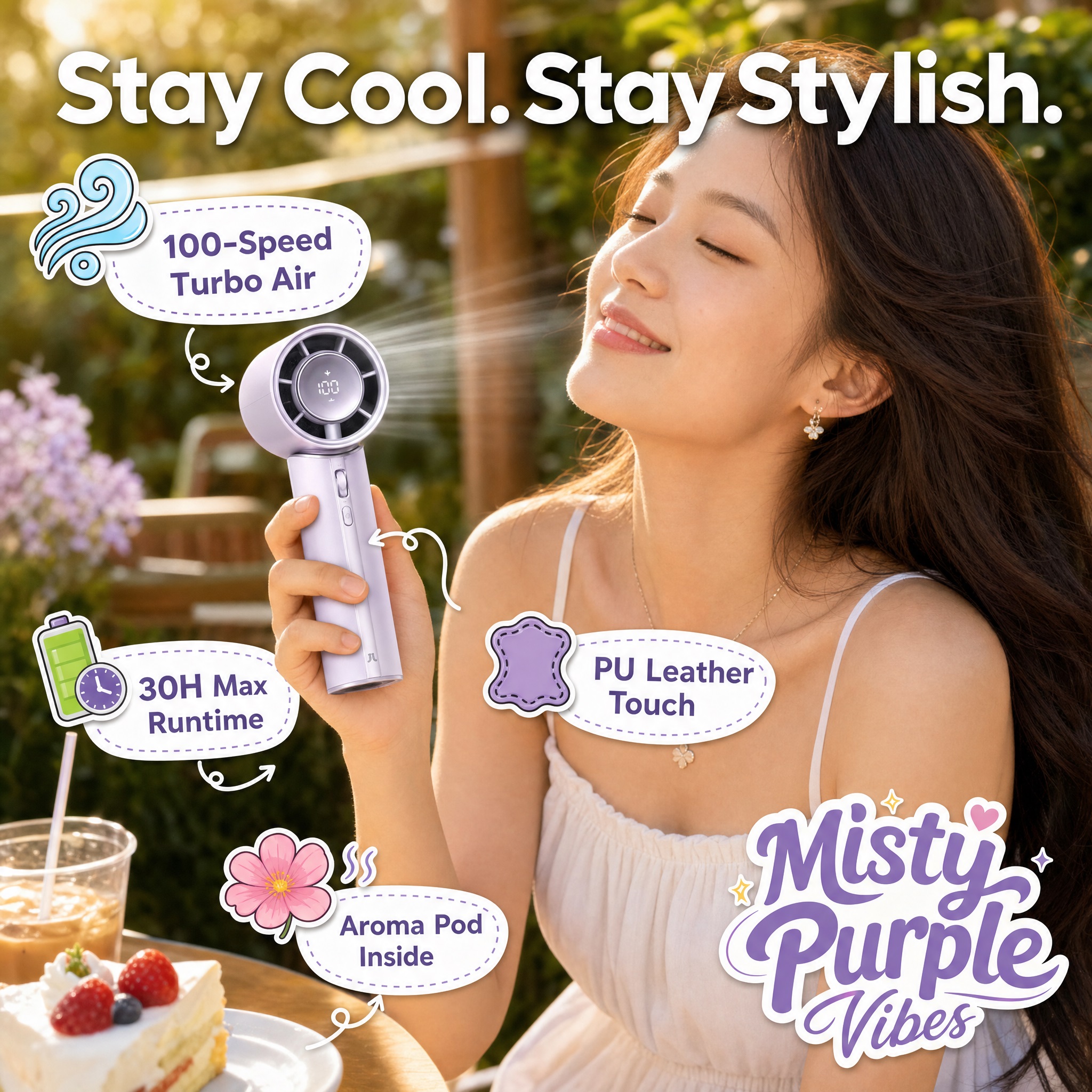 A summer sunset image of a young woman holding a light purple JISULIFE handheld turbo fan to her face outdoors in the sunshine, smiling with her eyes closed. The fan features a circular LED display showing the number "100".