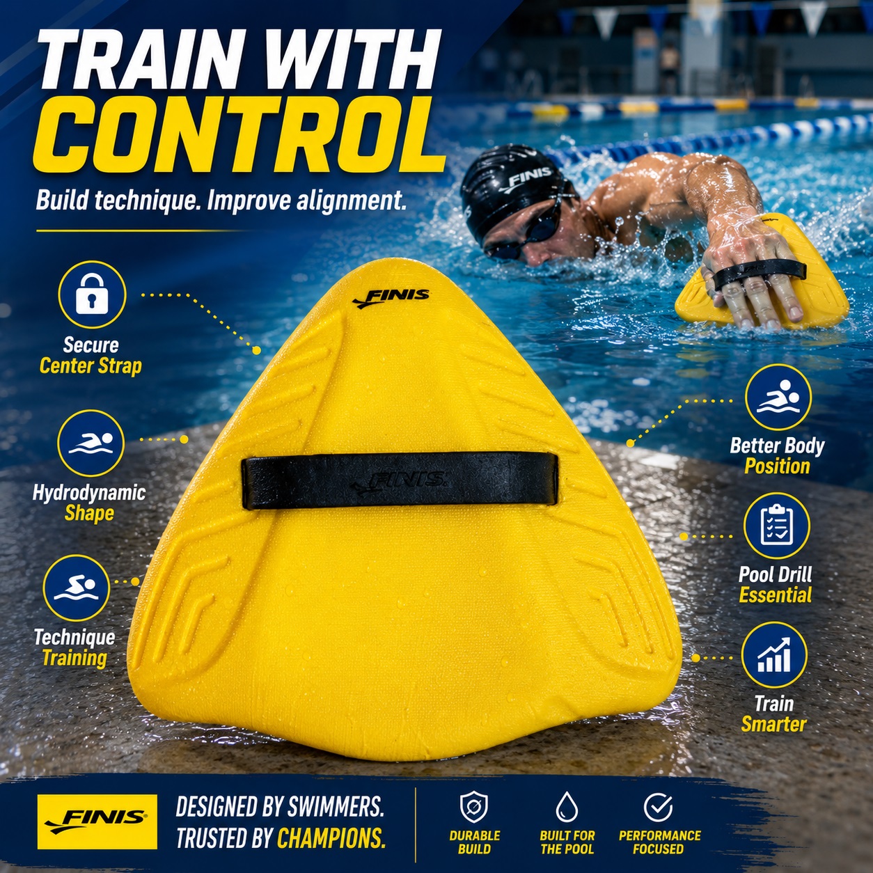 FINIS Alignment Kickboard in bright yellow with a secure black center strap, emphasizing hydrodynamic shape and body alignment benefits.