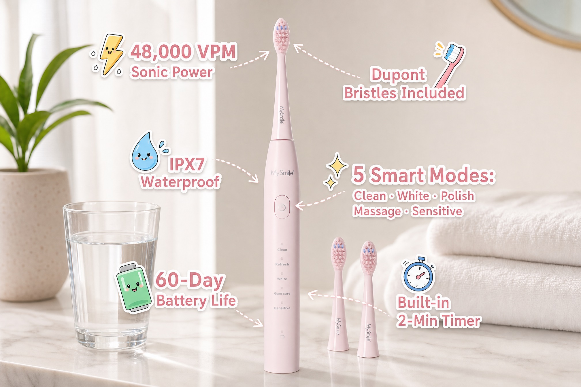 Infographic displaying the features of a pink MySmile Electric Toothbrush for Adults on a bathroom counter. Arrows and cute icons highlight: 48,000 VPM Sonic Power, IPX7 Waterproof, 60-Day Battery Life, Dupont Bristles Included, 5 Smart Modes (Clean, White, Polish, Massage, Sensitive), and a Built-in 2-Min Timer. Two extra brush heads are included.