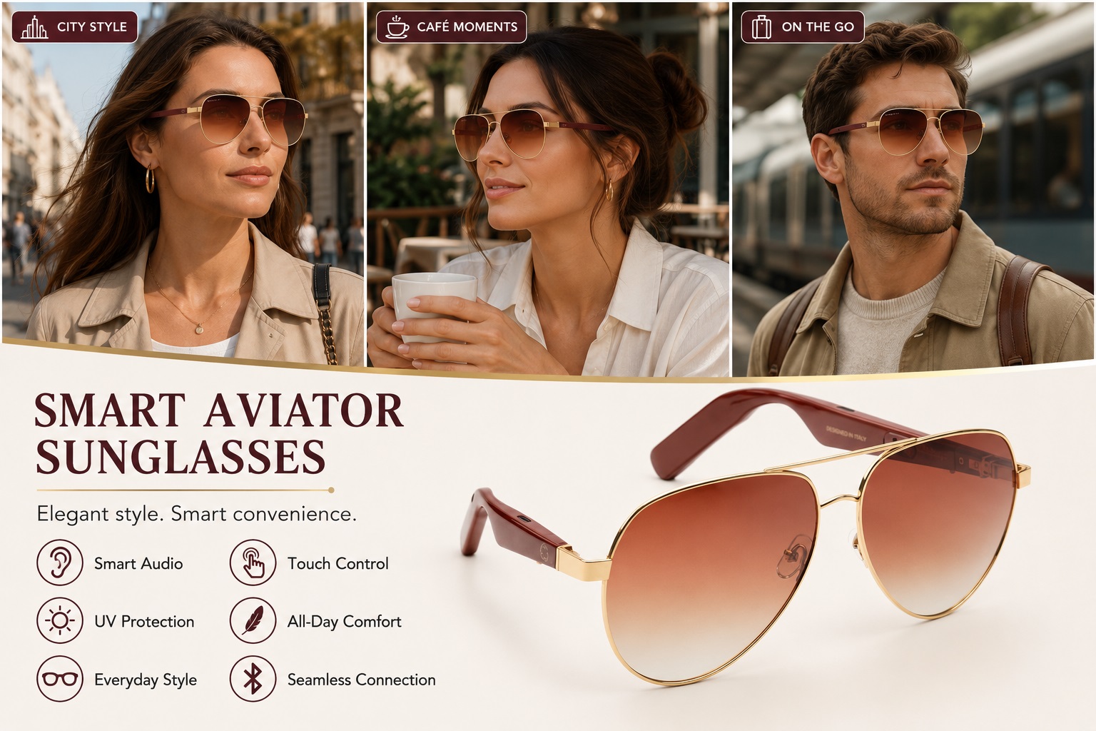 Promotional image for Smart Aviator Sunglasses with gold metal frames, burgundy temples, and gradient tinted lenses. Top panels illustrate city style, cafe moments, and on-the-go scenes. Bottom feature icons include Smart Audio, Touch Control, UV Protection, All-Day Comfort, Everyday Style, and Seamless Connection.