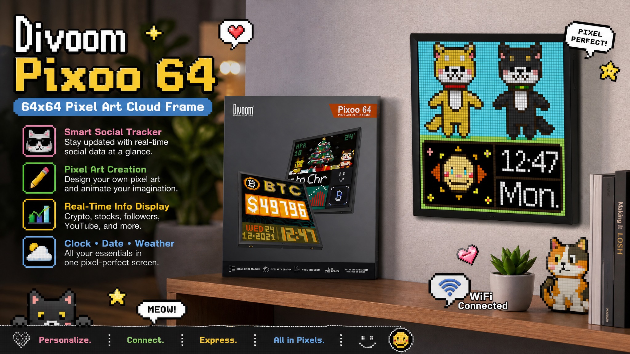 Divoom Pixoo 64 pixel art cloud frame mounted on a wall and displayed on a shelf, showing 64x64 pixel art characters and real-time smart dashboard stats.