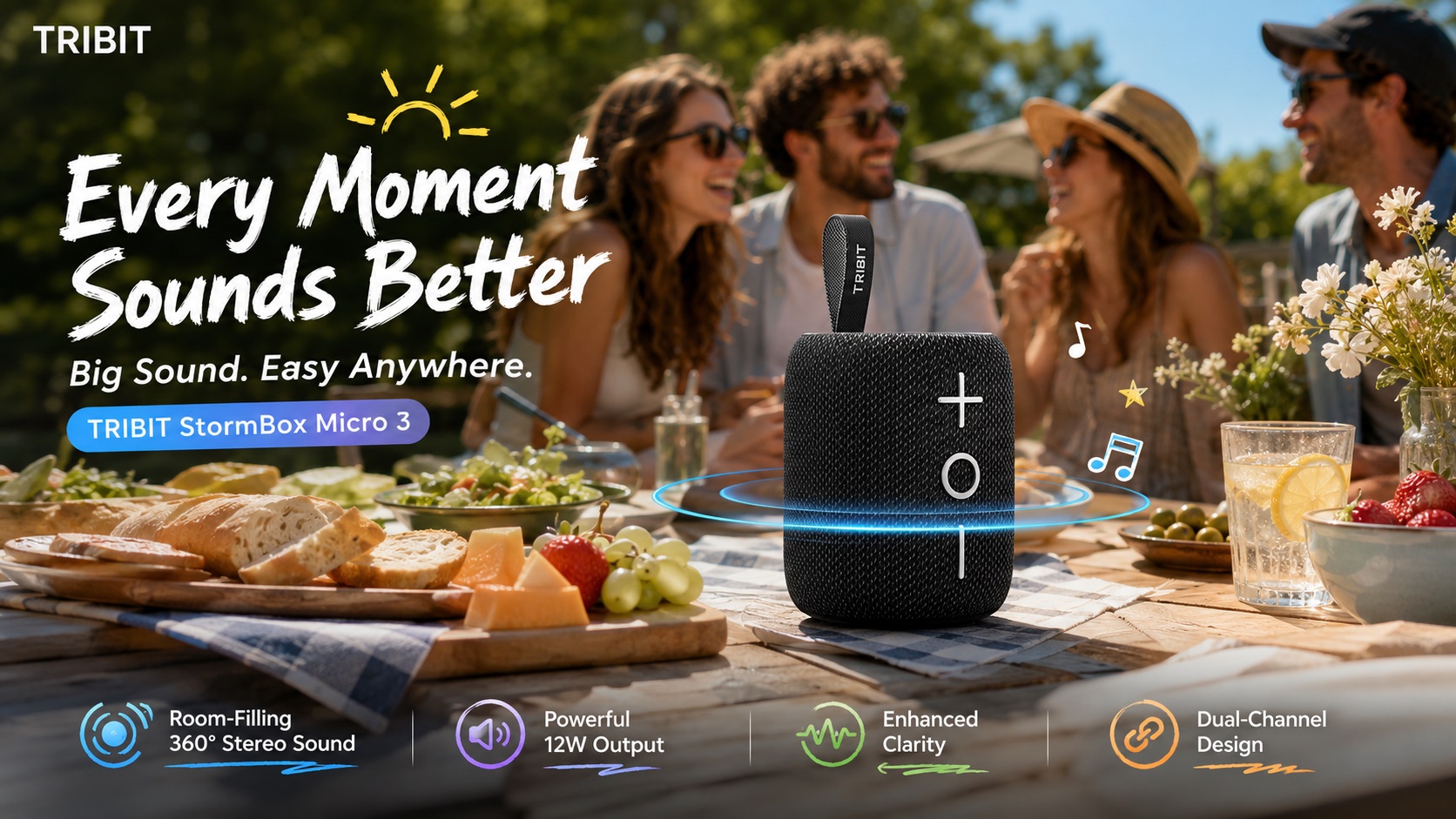 A promotional image for the TRIBIT StormBox Micro 3 portable Bluetooth speaker in an outdoor picnic setting. A black, square speaker rests on a wooden table laden with food and drinks, with a blue light ring effect beneath it. In the background, four friends sit smiling around a picnic table in the sun. The titles at the top are "Every Moment Sounds Better" and "Big Sound. Easy Anywhere." Feature icons at the bottom show: room-filling 360° stereo sound, powerful 12W output, enhanced clarity, dual-channel design.