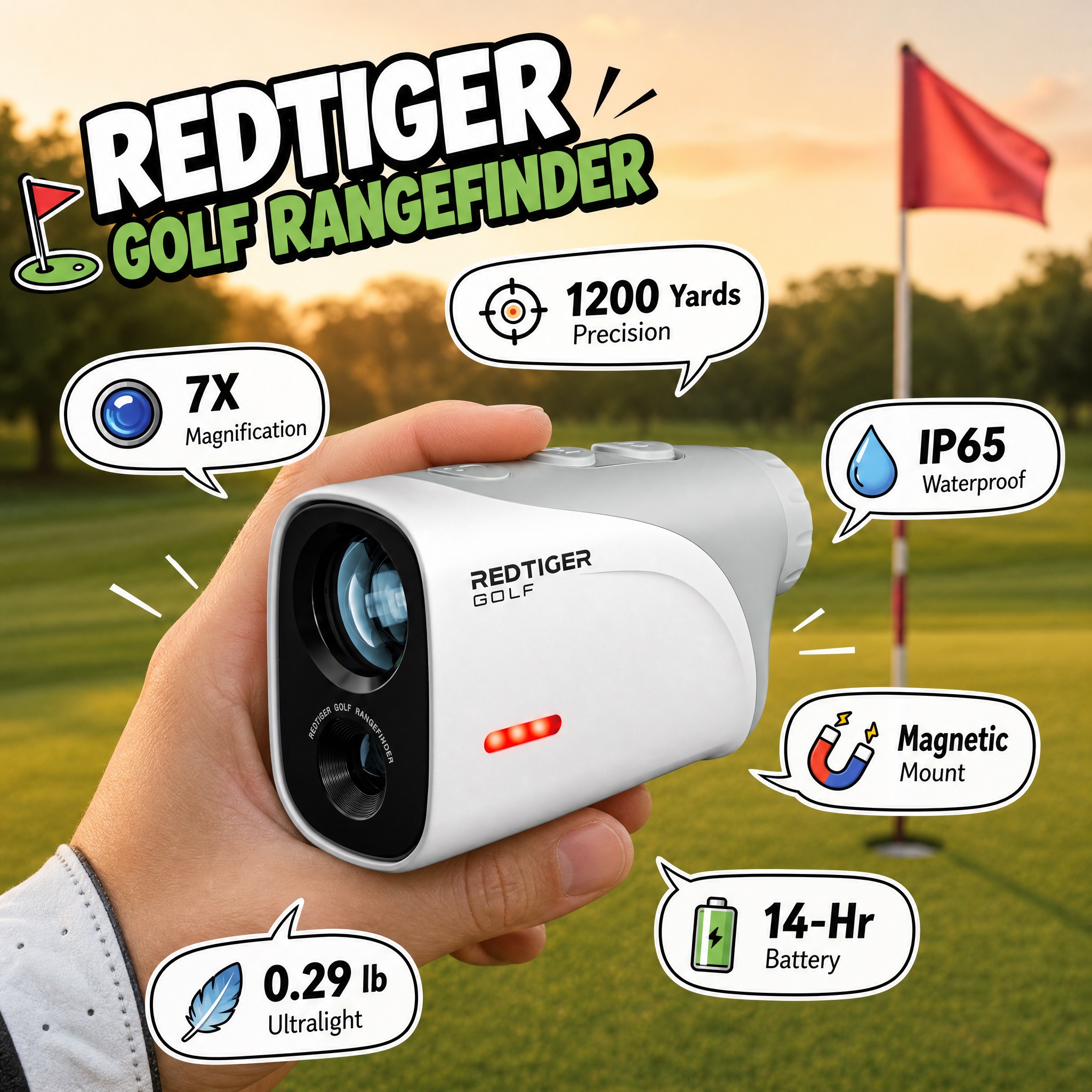 A close-up hand holding the REDTIGER Golf Rangefinder on a golf course, pointing out 1200 Yards Precision, 7X Magnification, IP65 Waterproof rating, 0.29lb ultralight weight, magnetic mount, and 14-hour battery life.