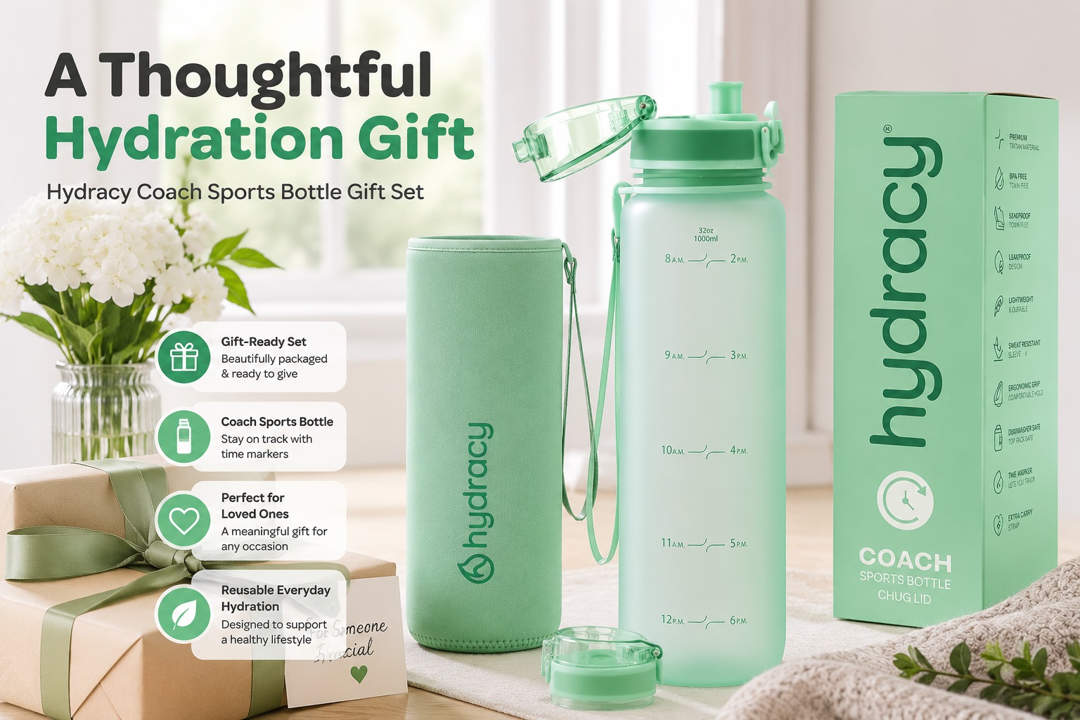 A promotional image for the Hydracy Coach Sports Bottle Gift Set in mint green, set next to a gift box with a ribbon, a bowl of flowers, and a heart-shaped card. The image features the 1000ml (32oz) mint green frosted bottle, a matching protective sleeve, the packaging box, and an extra lid. Icons and text on the left list four product features: Gift-Ready Set (beautifully packaged & ready to give), Coach Sports Bottle (stay on track with time markers), Perfect for Loved Ones (a meaningful gift for any occasion), and Reusable Everyday Hydration (designed to support a healthy lifestyle).
