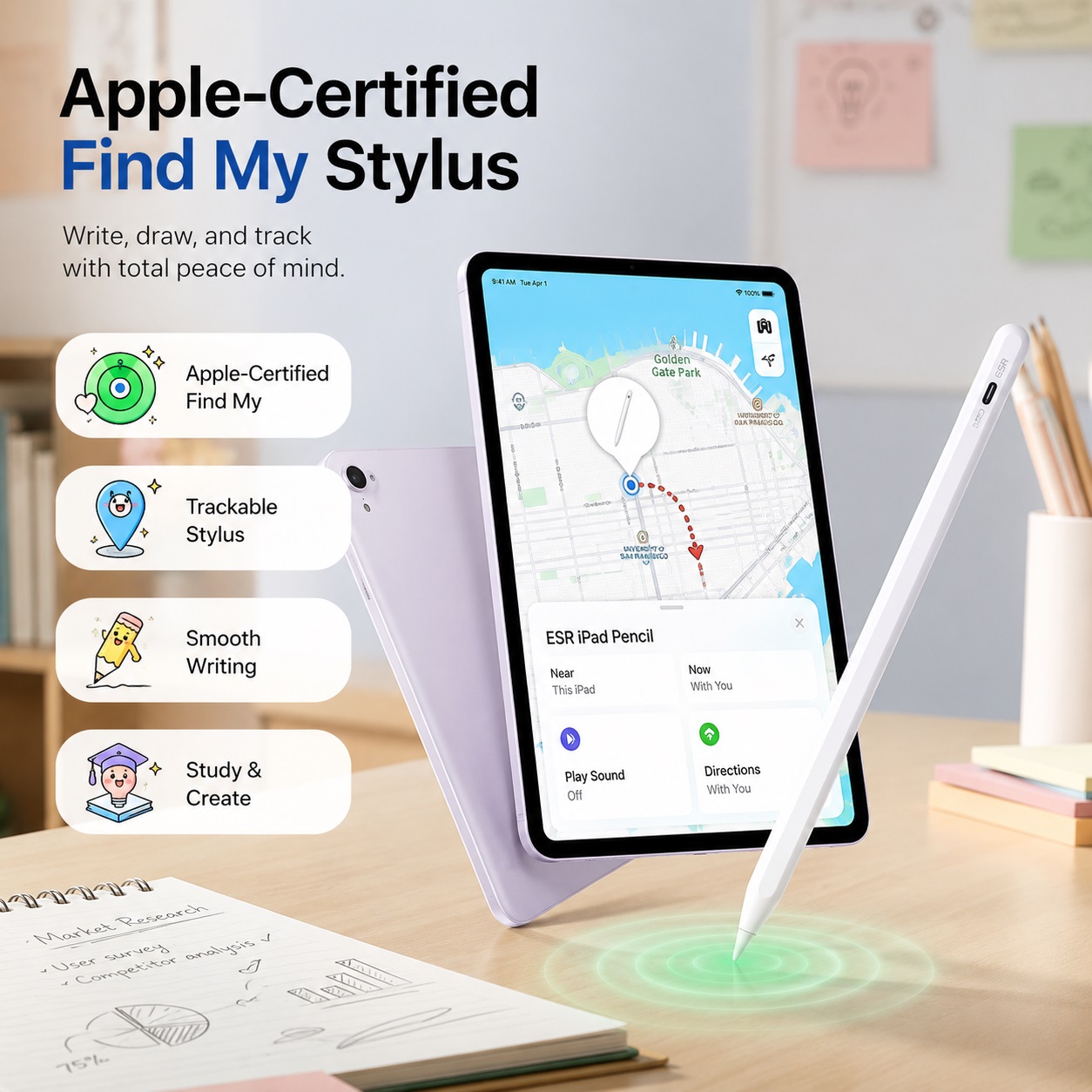 An advertisement image titled "Apple-Certified Find My Stylus. Write, draw, and track with total peace of mind." shows a white ESR iPad Pencil standing upright on its tip on a green, concentric circle target glow on a desk.