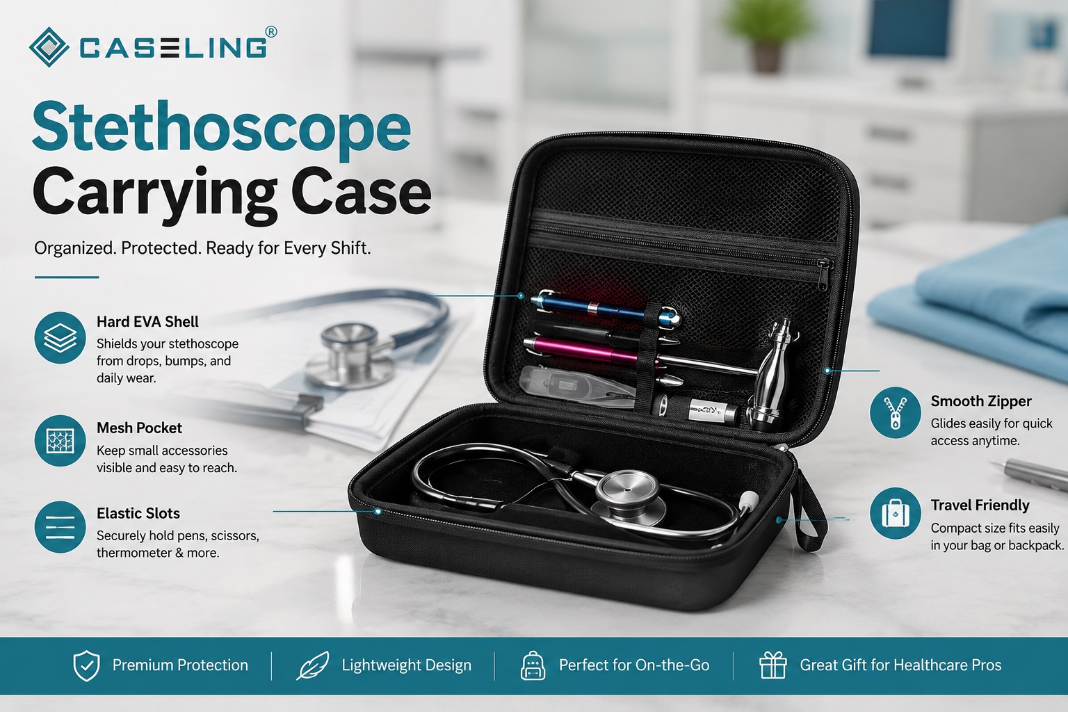 CASELING hard EVA stethoscope carrying case with elastic slots and mesh pocket holding a medical stethoscope, penlight, and reflex hammer on a clinical desk.