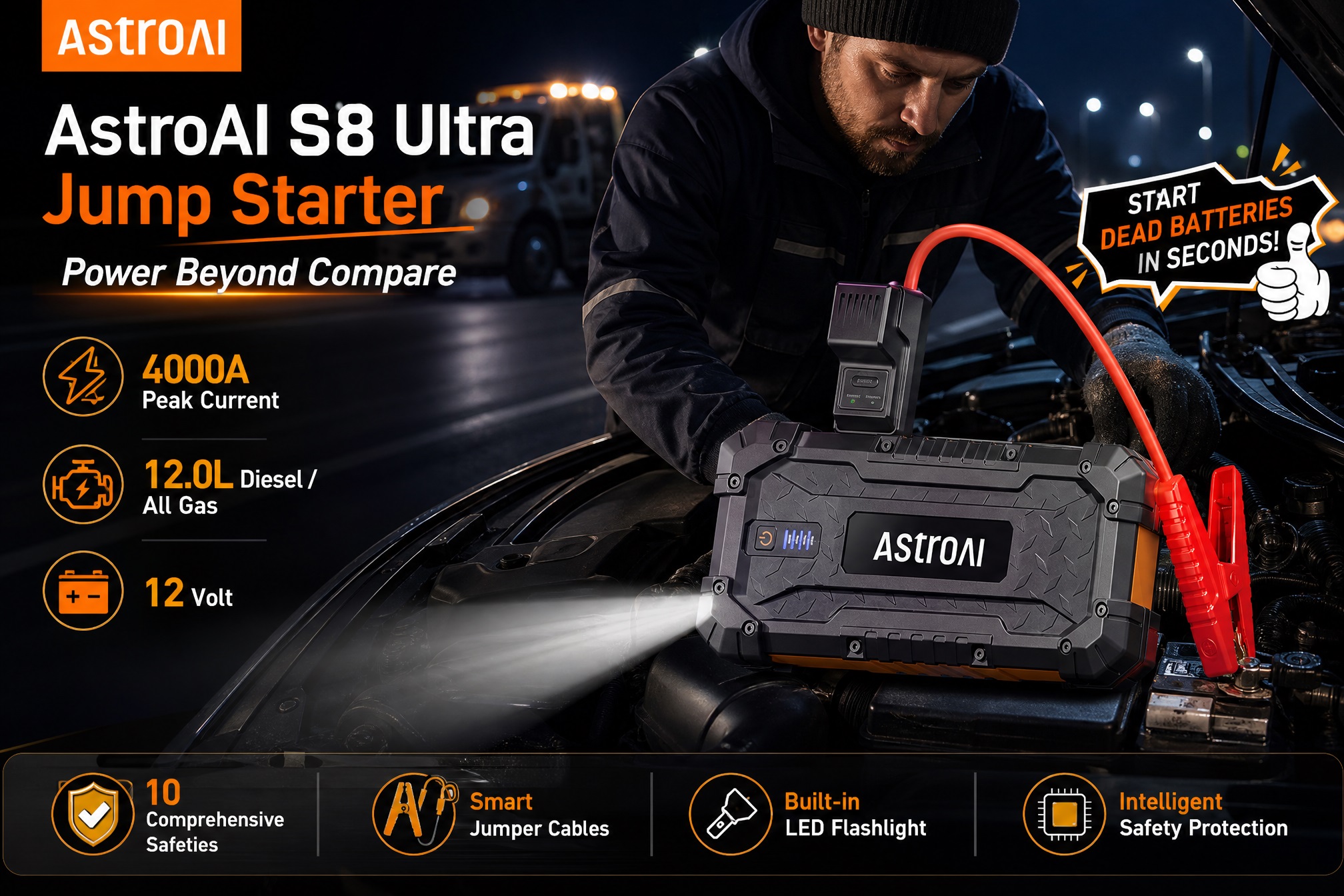 AstroAI S8 Ultra Jump Starter product infographic. A man is shown attaching a black jump starter unit to a car battery at night with a service truck in the background. Features list: 'AstroAI S8 Ultra Jump Starter', 'Power Beyond Compare', '4000A Peak Current', '12.0L Diesel / All Gas', '12 Volt'. Bottom icons list: '10 Comprehensive Safeties', 'Smart Jumper Cables', 'Built-in LED Flashlight', 'Intelligent Safety Protection'. Speech bubble highlights 'START DEAD BATTERIES IN SECONDS!'.