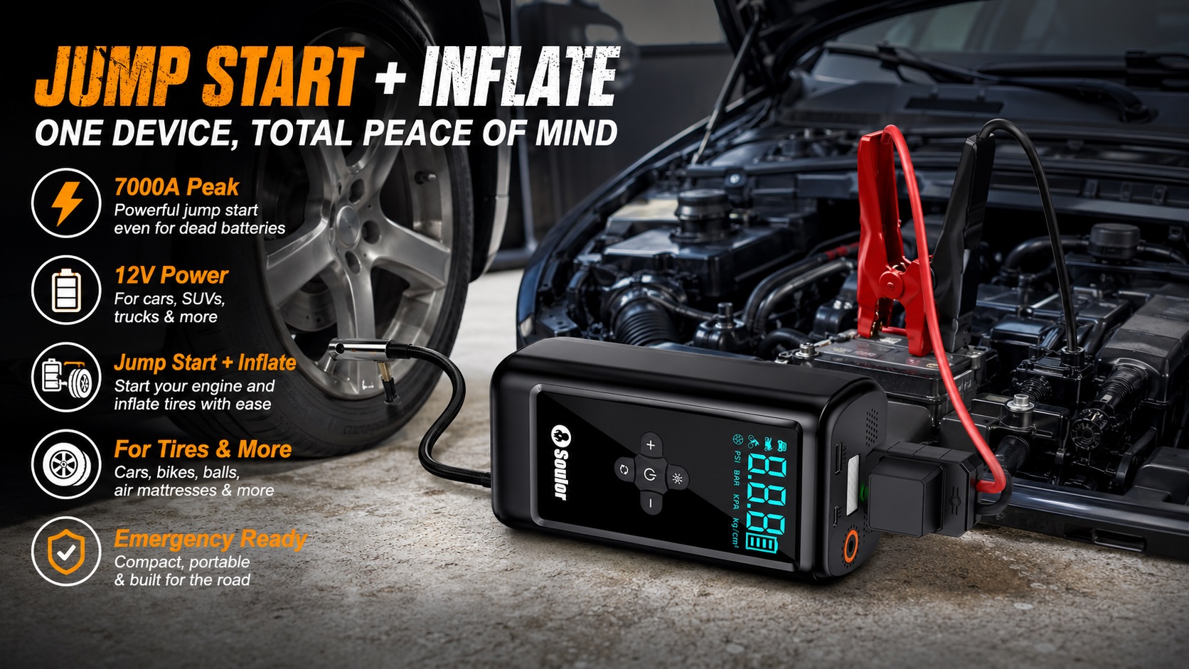 Soulor 2-in-1 portable car jump starter and tire inflator with 7000A peak power connected to a car engine battery and tire.