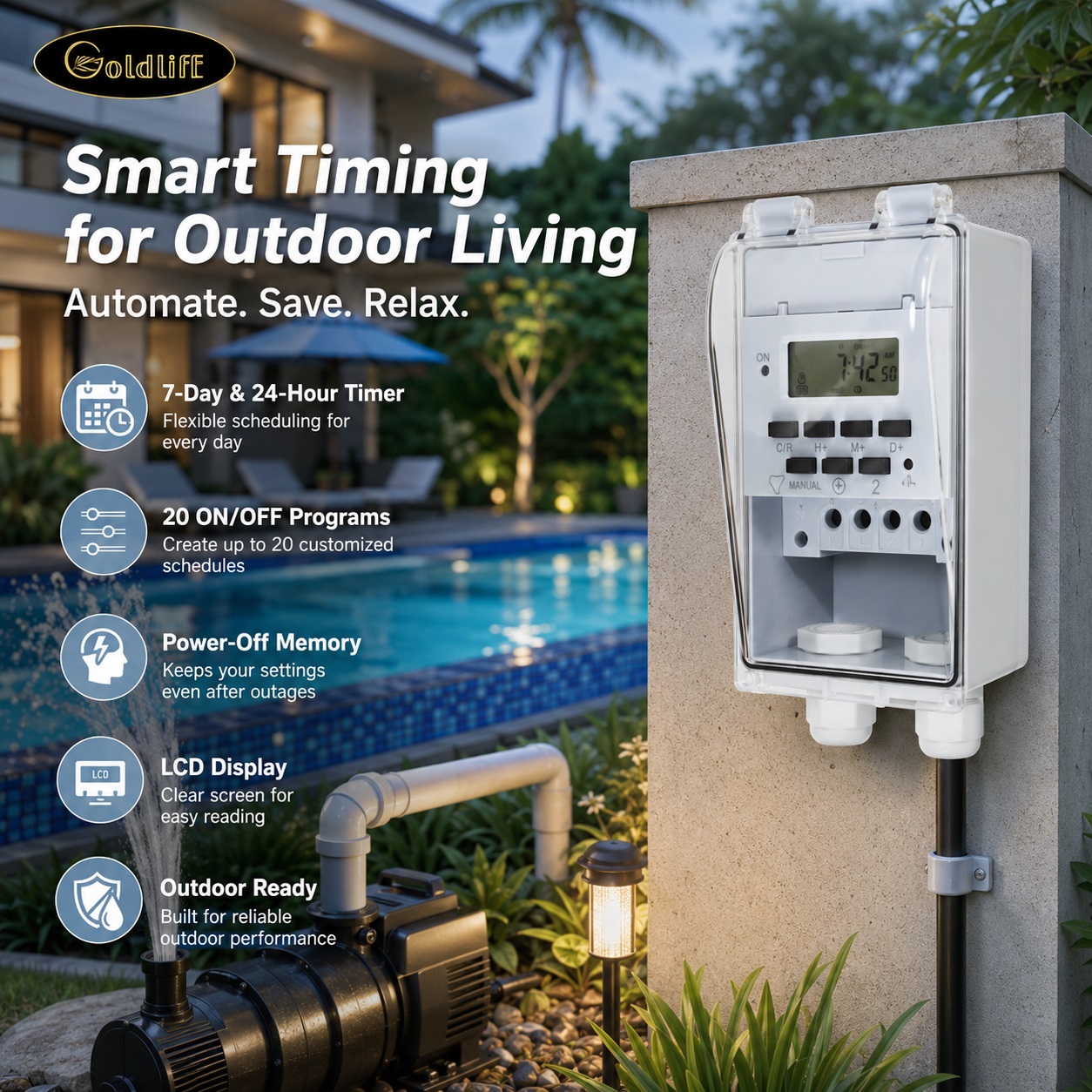Goldlife outdoor waterproof programmable digital timer switch mounted on a stone wall with a clear protective cover, installed next to a swimming pool and water pump system.