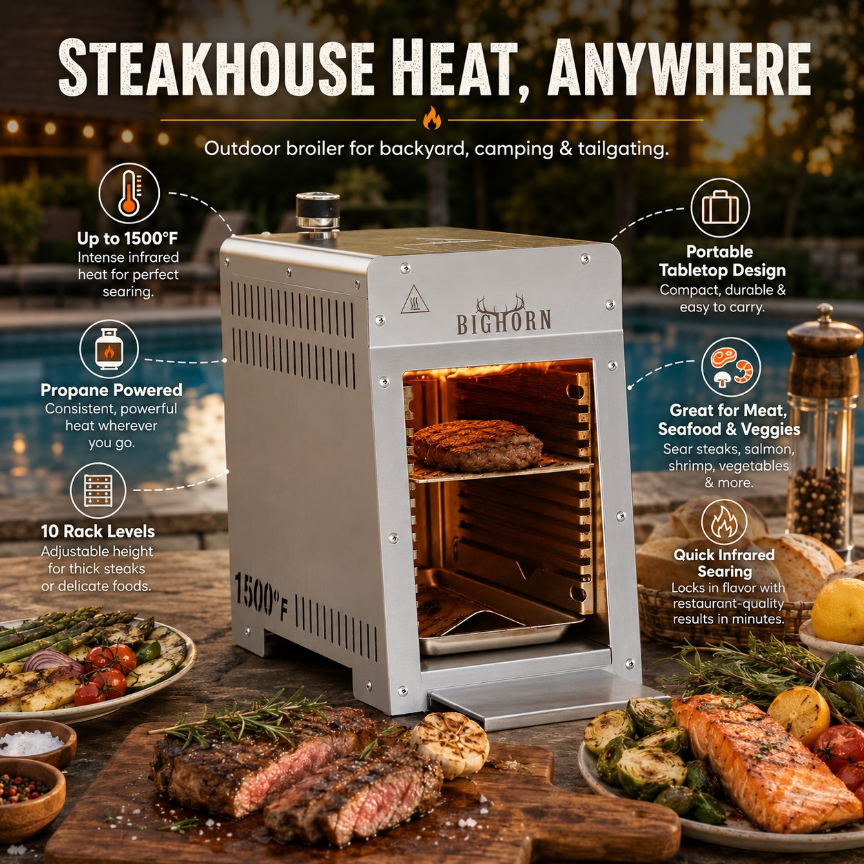 Big Horn Outdoors portable propane-powered tabletop infrared steak grill broiler heating up to 1500°F with a thick meat patty searing inside next to a swimming pool.